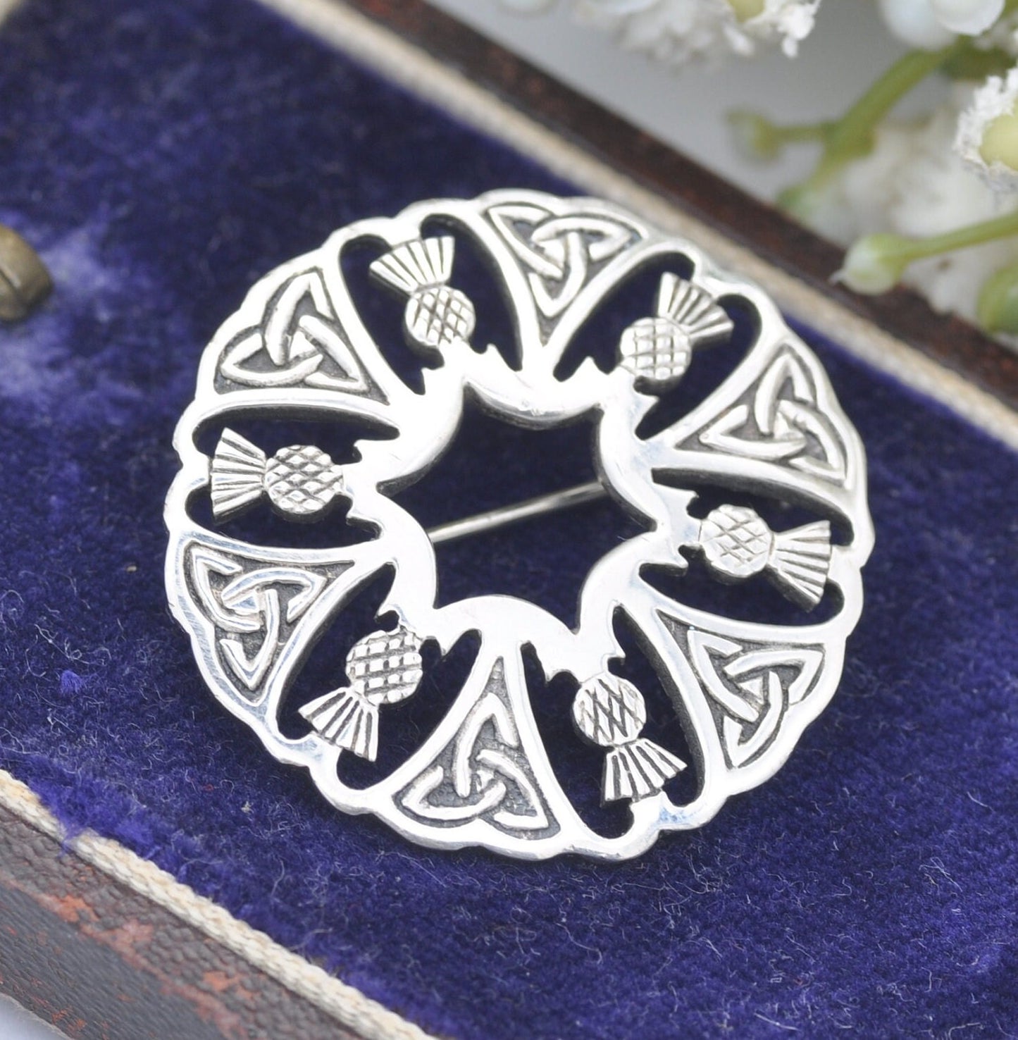 Vintage Sterling Silver Scottish Thistle Brooch - Celtic Triquetra Wreath Design