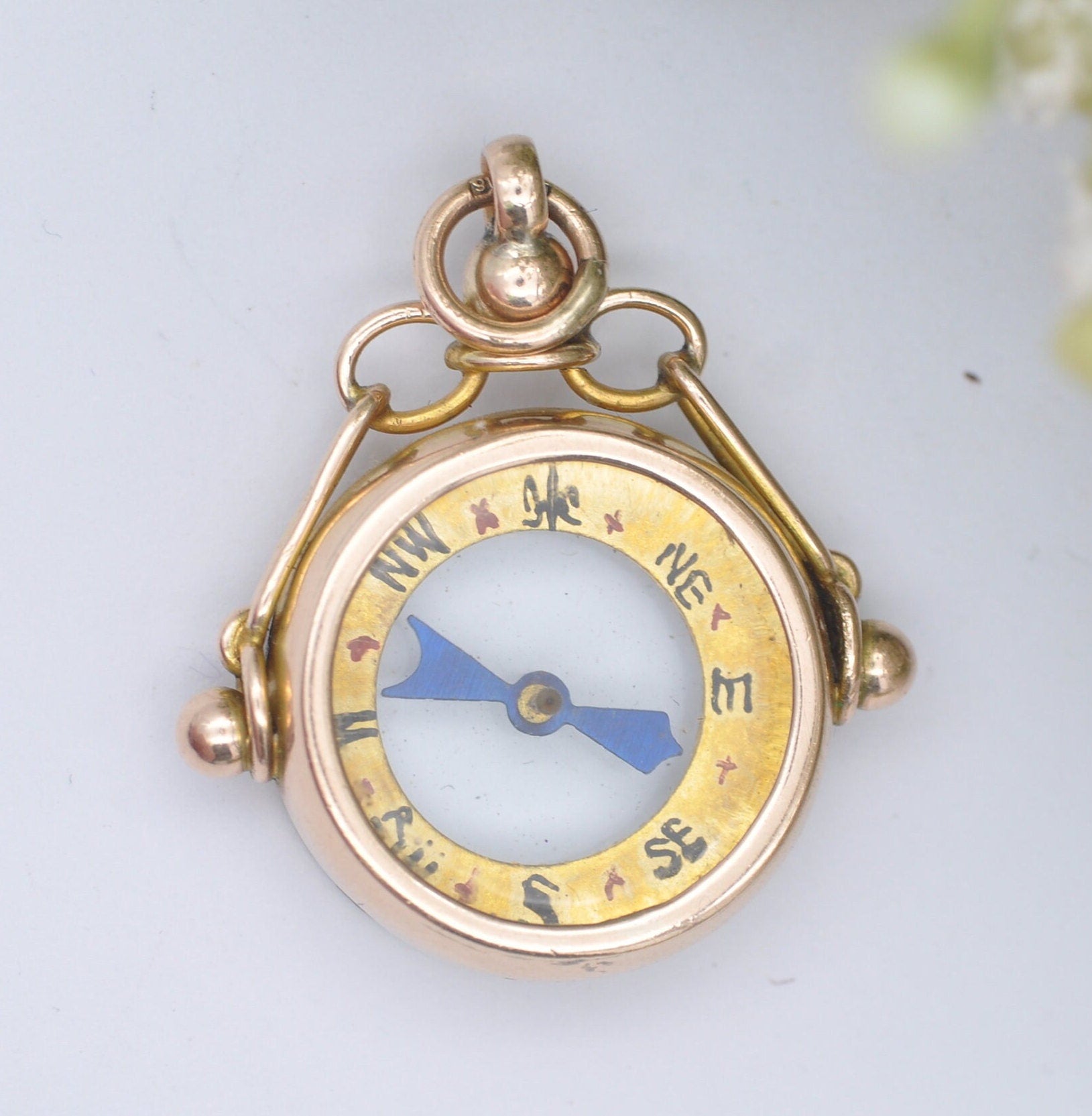 Antique 9ct Gold Compass Fob Pendant with Hand Written Rose - Edwardian 1908