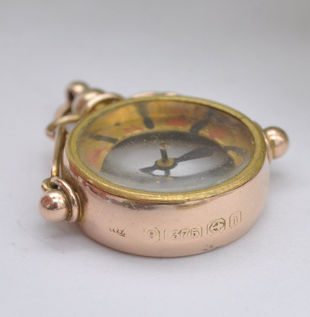 Antique 9ct Gold Compass Fob Pendant with Hand Written Rose - Edwardian 1908