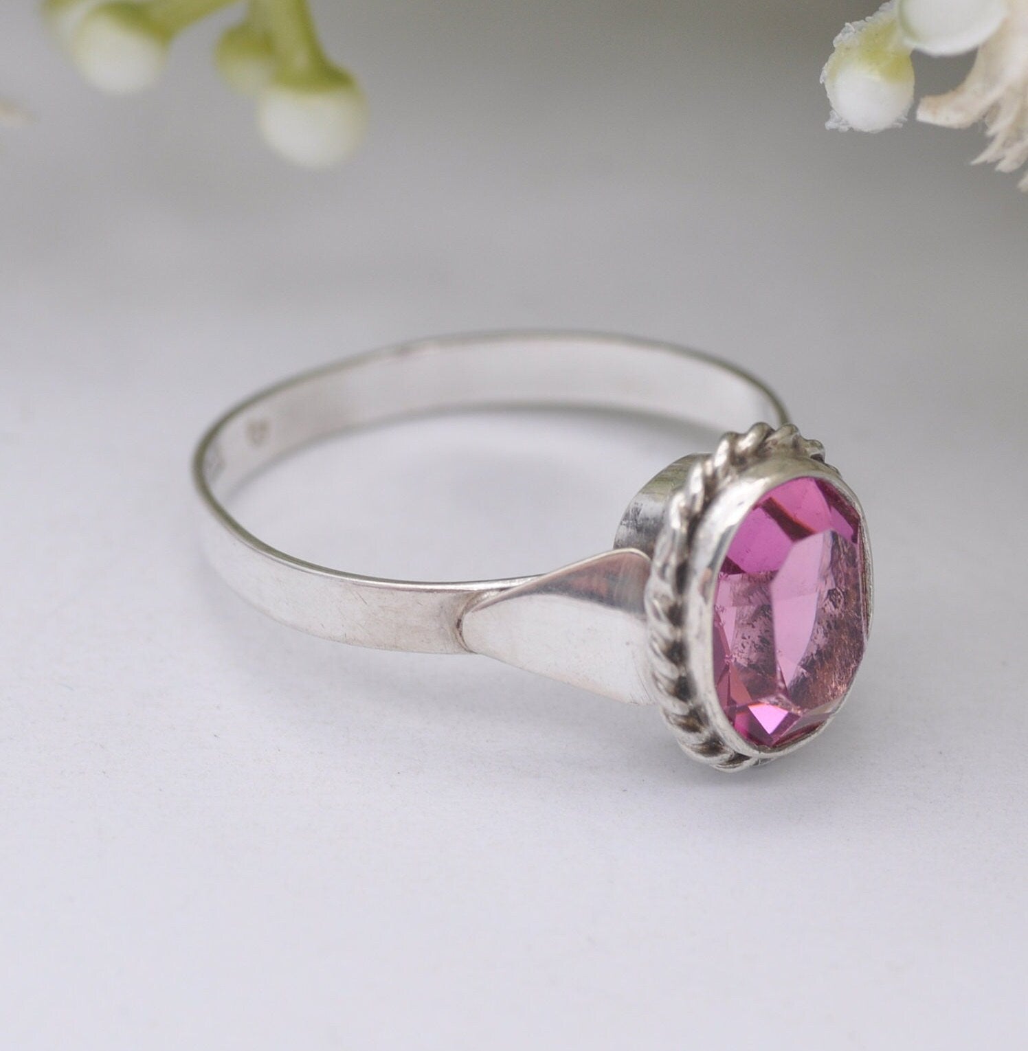 Vintage Silver Pink Paste Ring - Twisted Rope Bezel | Large | UK Size - U 1/2 / US Size - 10 1/4