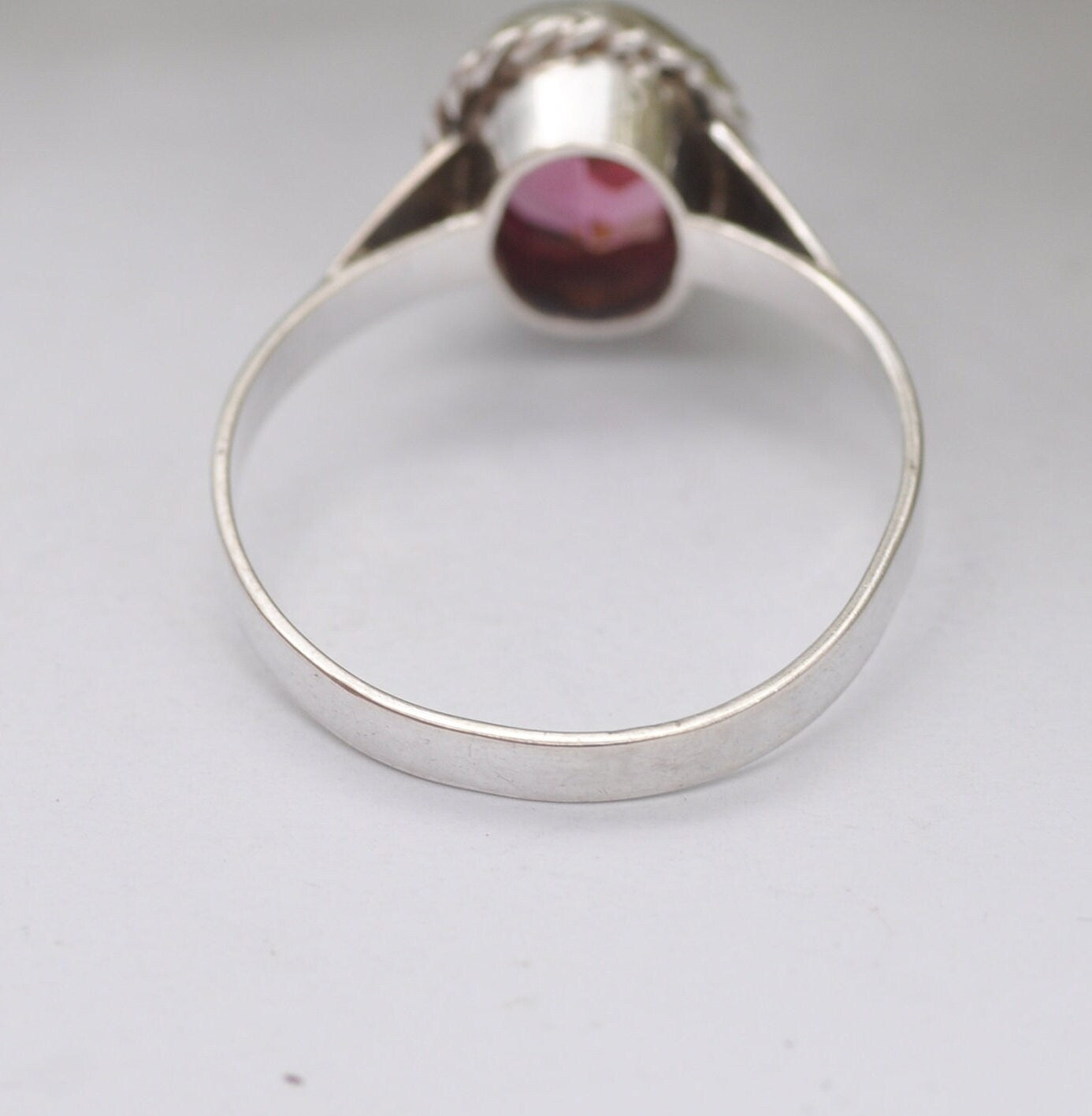 Vintage Silver Pink Paste Ring - Twisted Rope Bezel | Large | UK Size - U 1/2 / US Size - 10 1/4