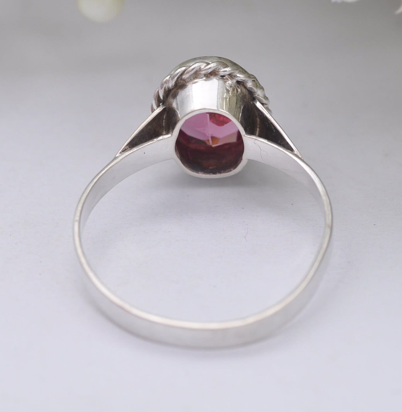 Vintage Silver Pink Paste Ring - Twisted Rope Bezel | Large | UK Size - U 1/2 / US Size - 10 1/4