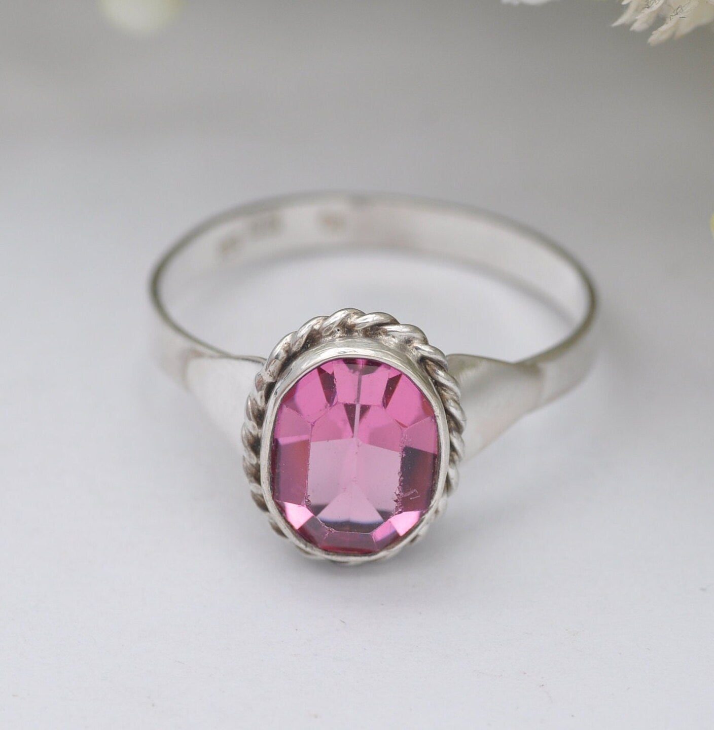 Vintage Silver Pink Paste Ring - Twisted Rope Bezel | Large | UK Size - U 1/2 / US Size - 10 1/4