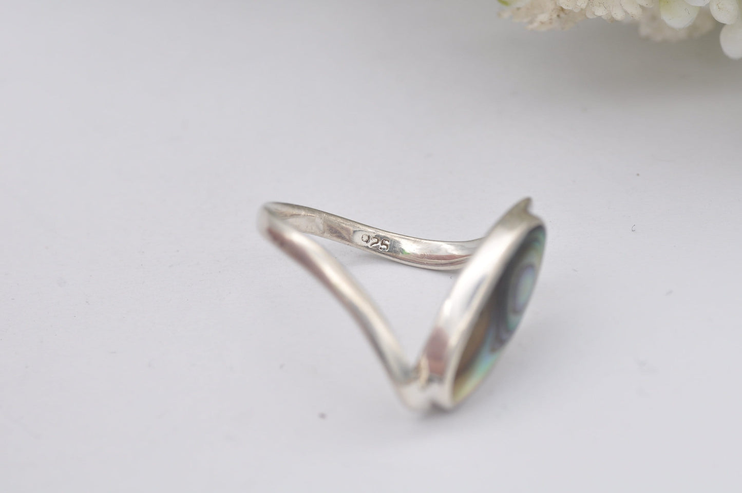 Sterling Silver Abalone Shell Ring - Paua Shell Stone | Off-Centre Oval | UK Size - S 1/2 | US Size - 9 1/4