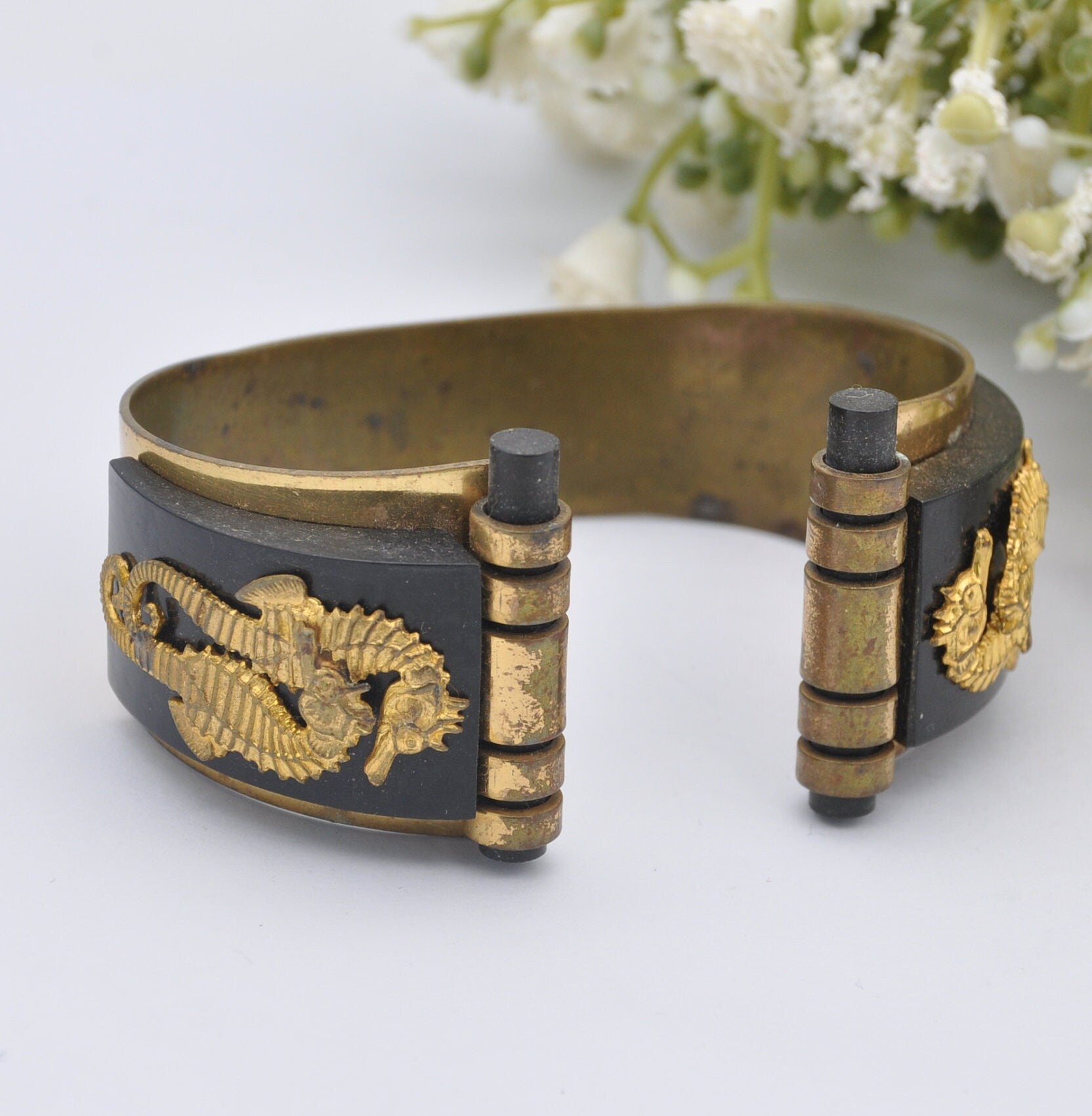 Vintage Jean Painlevé Seahorse Bangle Bracelet - Art Deco L’Hippocampe Jewellery | Galalith Early Plastic