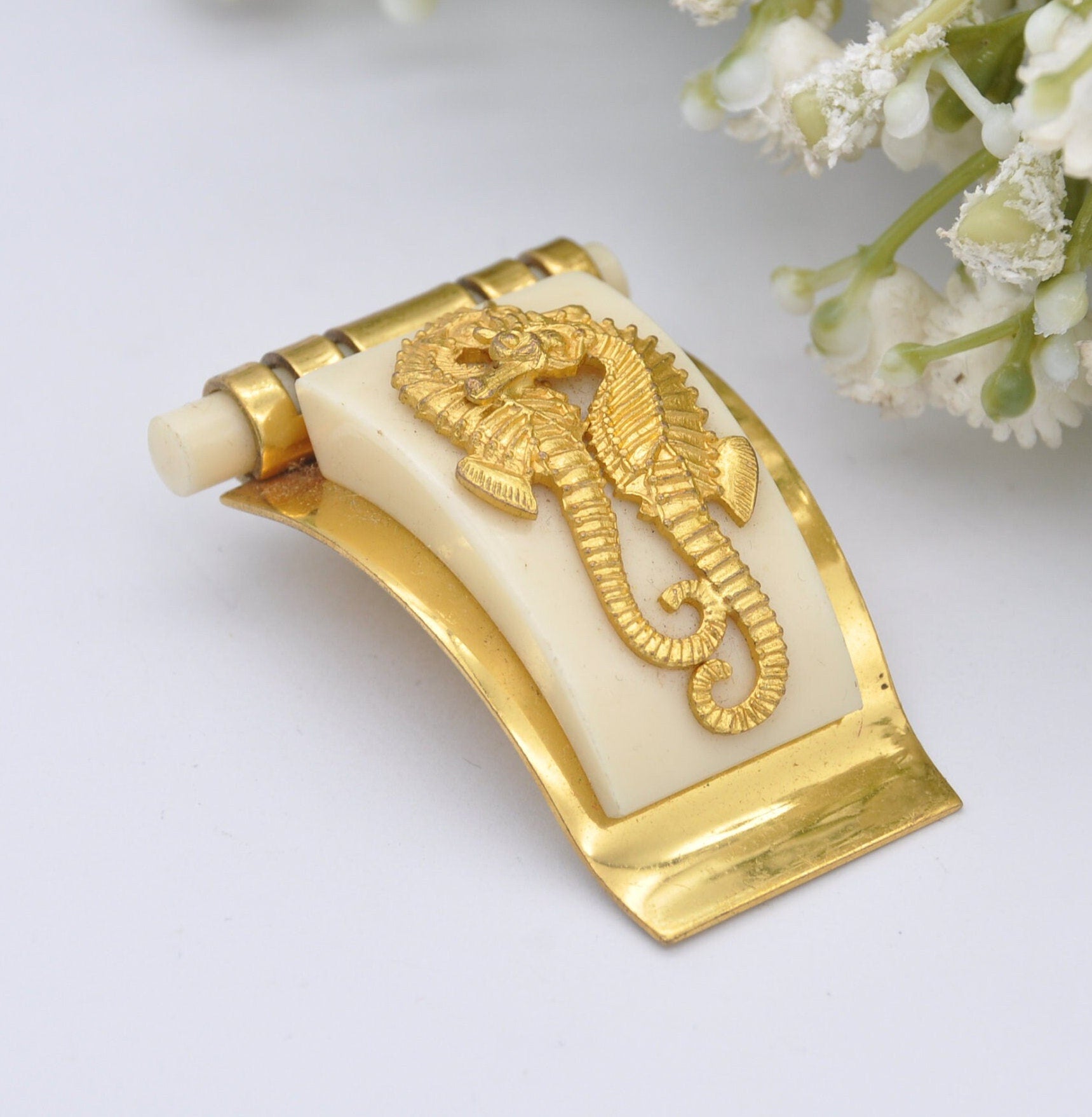 Vintage Jean Painlevé Seahorse Dress Clip - Art Deco L’Hippocampe Jewellery | Galalith Early Plastic