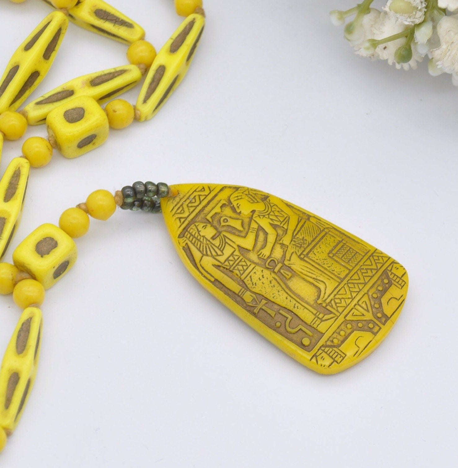 Antique Art Deco Egyptian Revival Glass Necklace - Neiger Brother Style | Pharaoh and Isis | Yellow Czech Glass