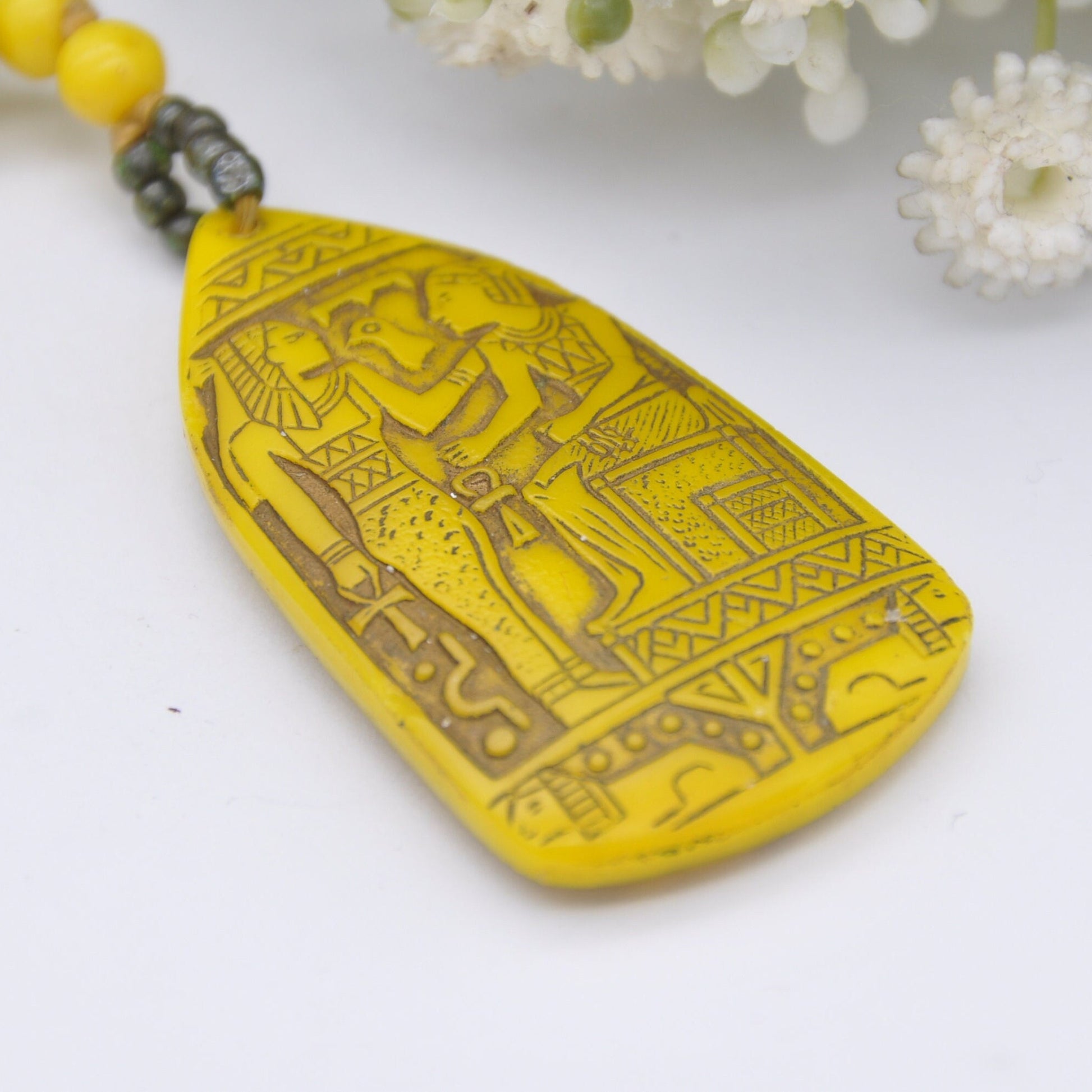 Antique Art Deco Egyptian Revival Glass Necklace - Neiger Brother Style | Pharaoh and Isis | Yellow Czech Glass