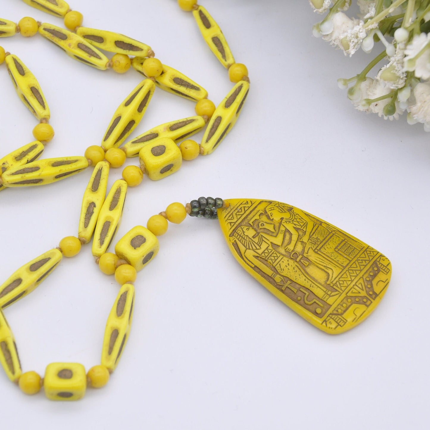 Antique Art Deco Egyptian Revival Glass Necklace - Neiger Brother Style | Pharaoh and Isis | Yellow Czech Glass