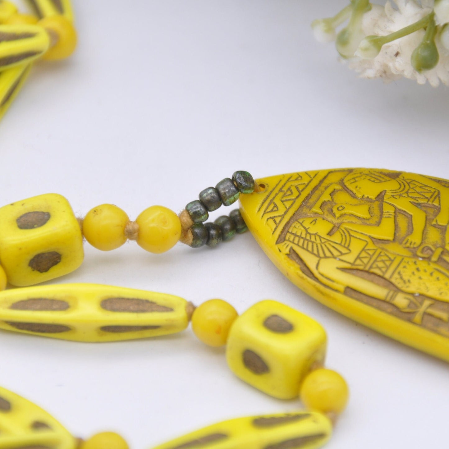 Antique Art Deco Egyptian Revival Glass Necklace - Neiger Brother Style | Pharaoh and Isis | Yellow Czech Glass