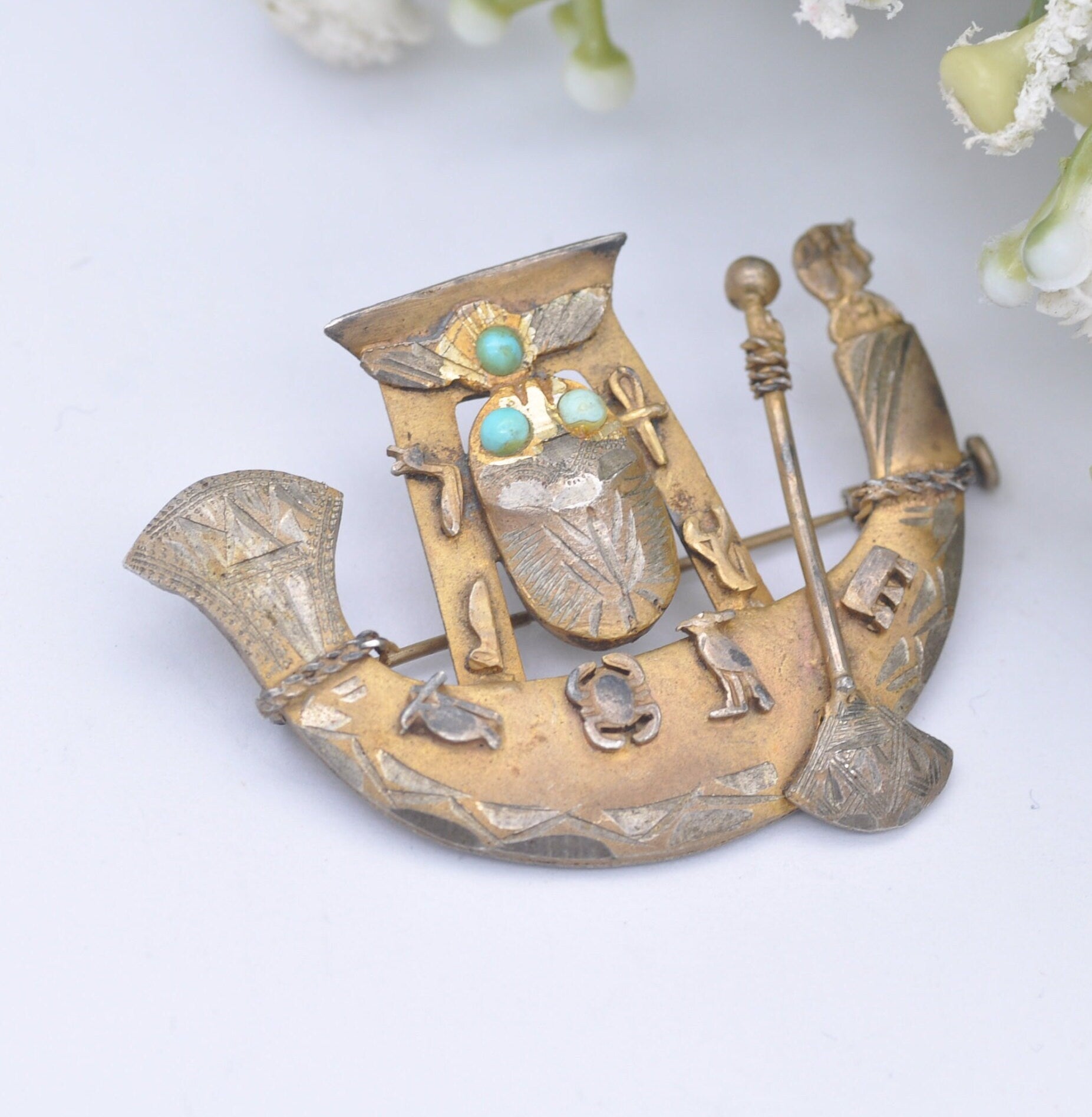 Antique Egyptian Revival Silver Gilt Brooch - Ship and Scarab Beetle | Art Deco Souvenir Piece