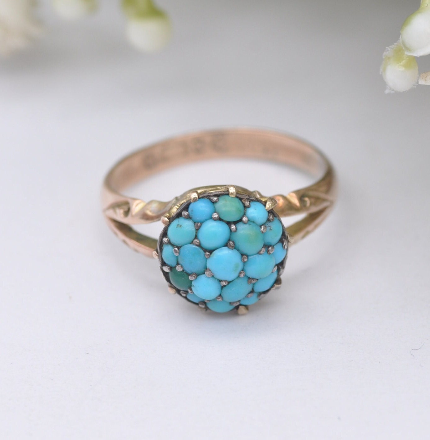 Antique 9ct Gold Turquoise Cluster Ring - Victorian Gold Jewellery | Bombe Boule Cluster | UK Size - N 1/2 | US Size - 7