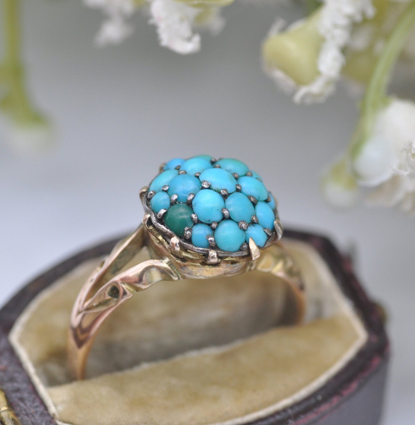 Antique 9ct Gold Turquoise Cluster Ring - Victorian Gold Jewellery | Bombe Boule Cluster | UK Size - N 1/2 | US Size - 7