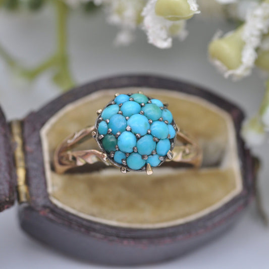 Antique 9ct Gold Turquoise Cluster Ring - Victorian Gold Jewellery | Bombe Boule Cluster | UK Size - N 1/2 | US Size - 7