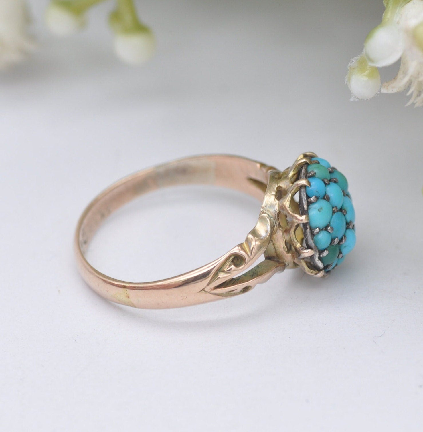 Antique 9ct Gold Turquoise Cluster Ring - Victorian Gold Jewellery | Bombe Boule Cluster | UK Size - N 1/2 | US Size - 7