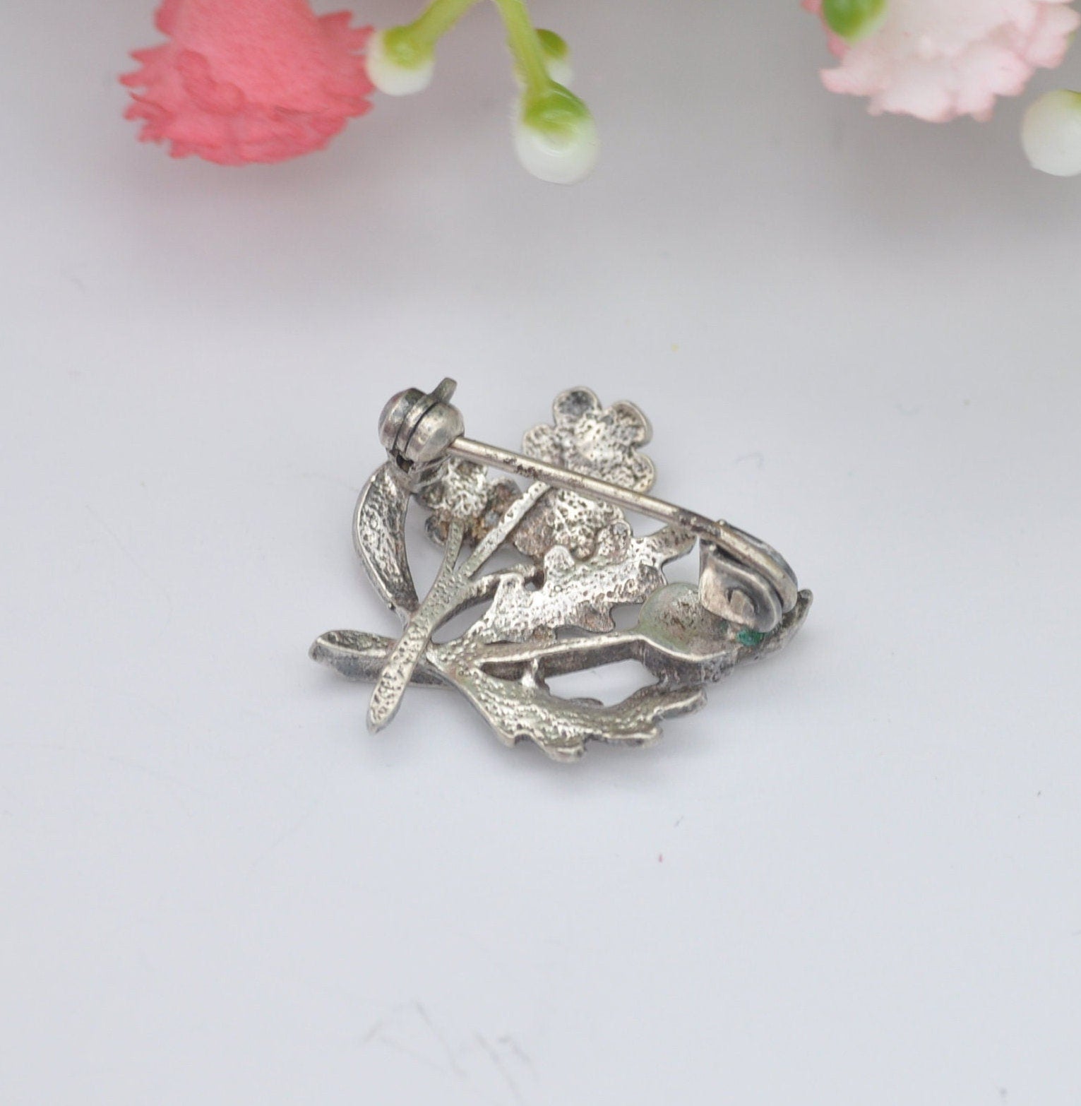 Antique Sterling Silver Acorn and Flower Brooch - Wild Flowers