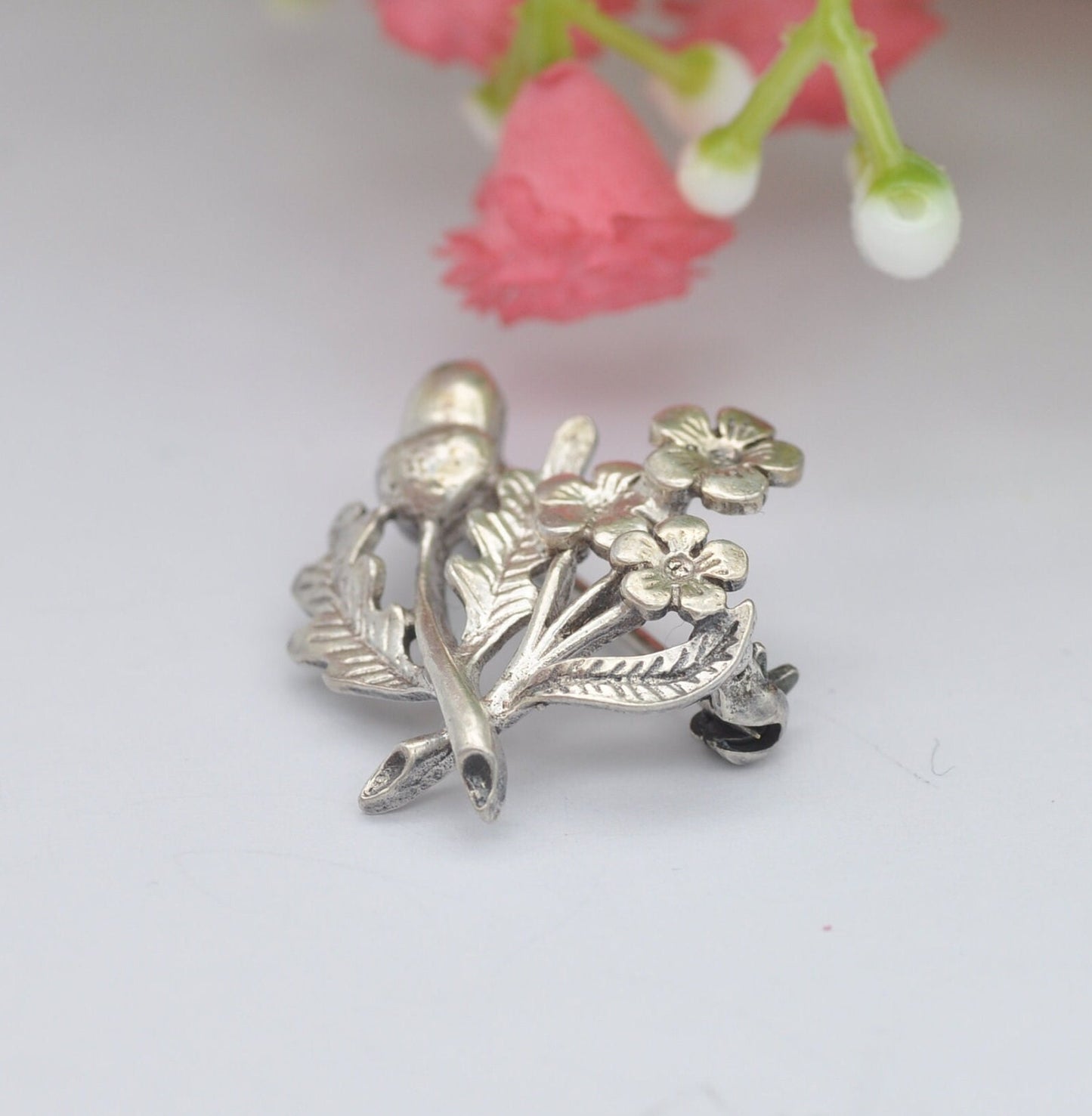 Antique Sterling Silver Acorn and Flower Brooch - Wild Flowers