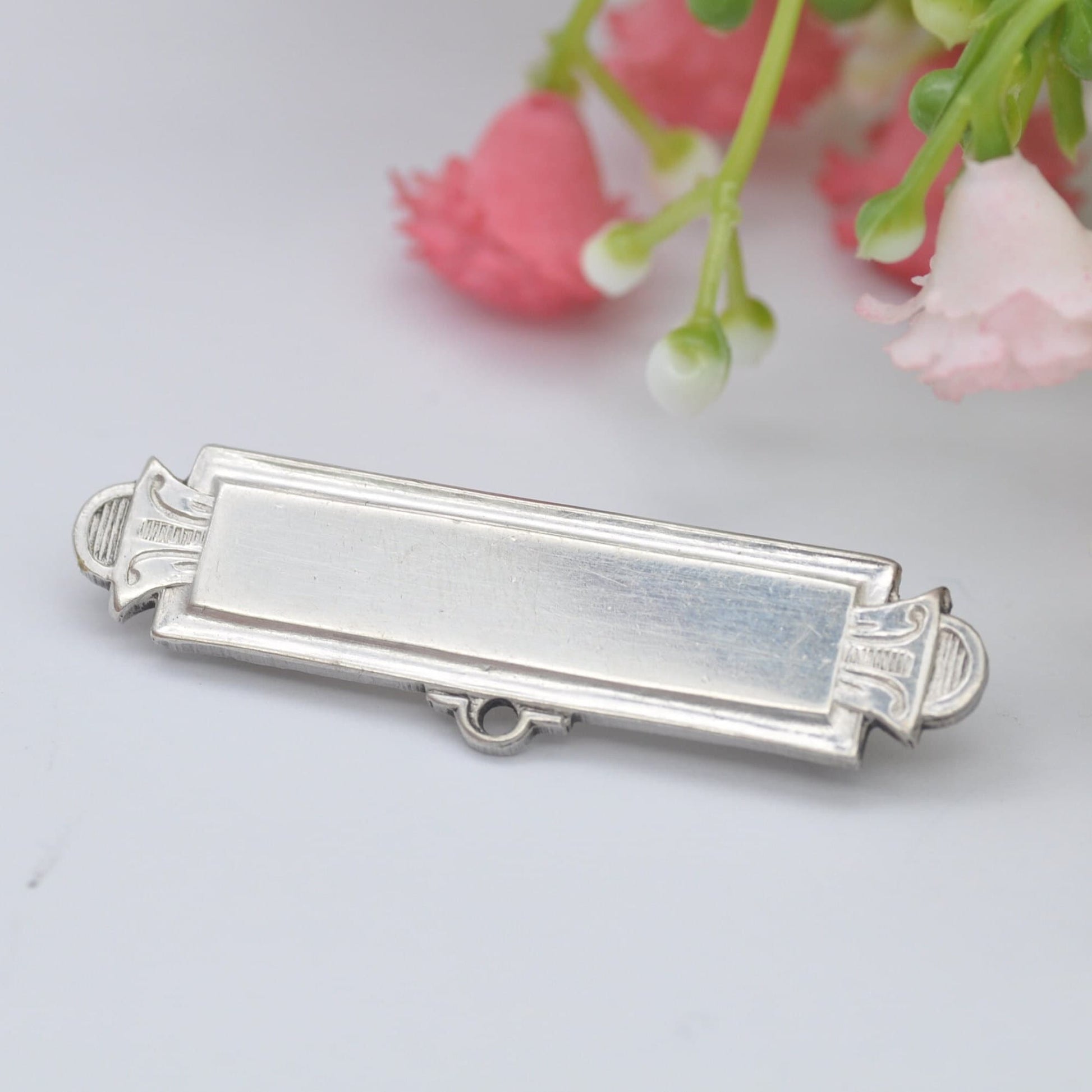 Antique Sterling Silver Bar Brooch with Bale - Name Tag Badge Blank for Engraving