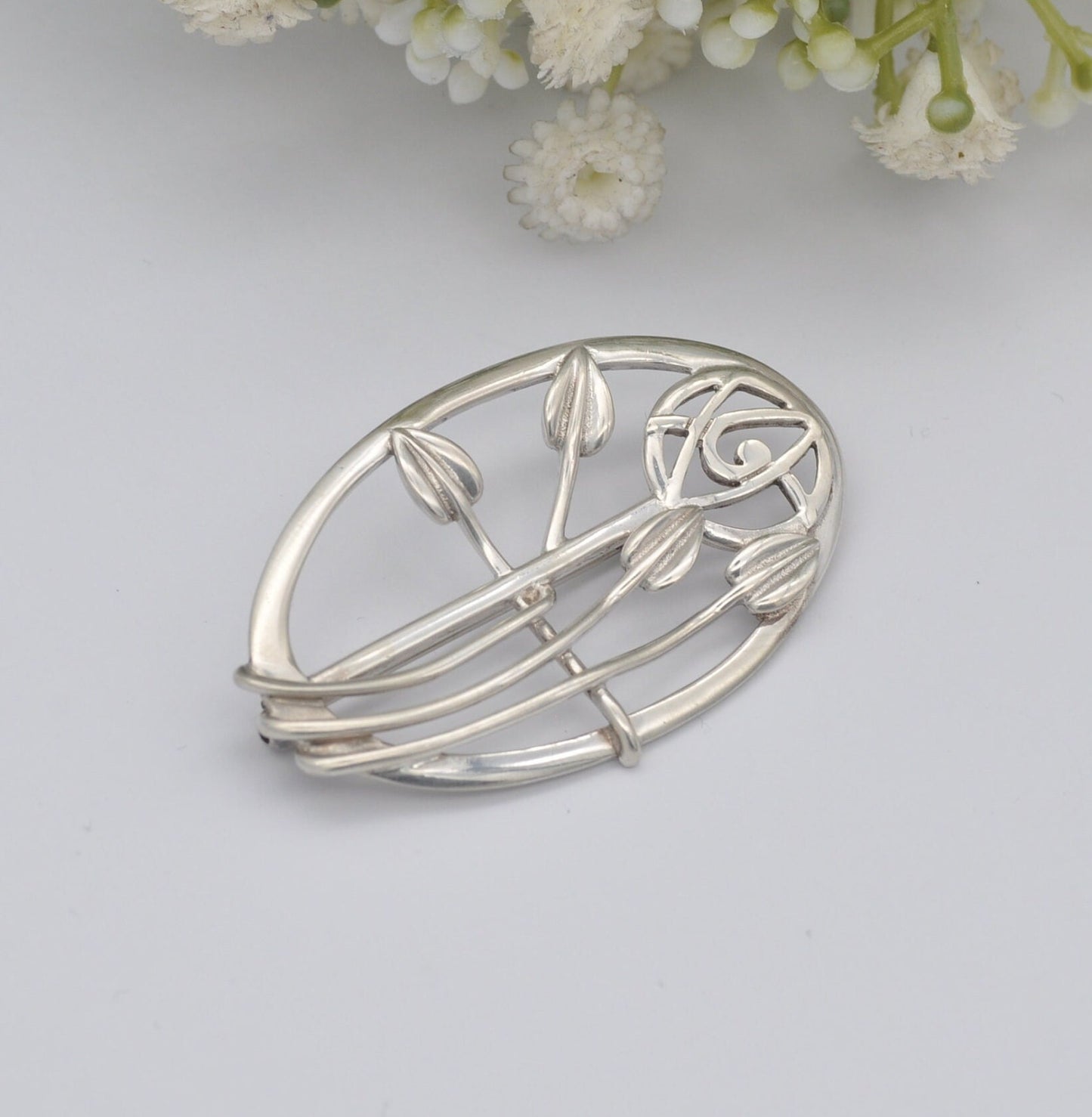 Vintage Scottish Sterling Silver Brooch by Carrick CJL 1994 - Openwork Flower Design | Large Oval Celtic Rose