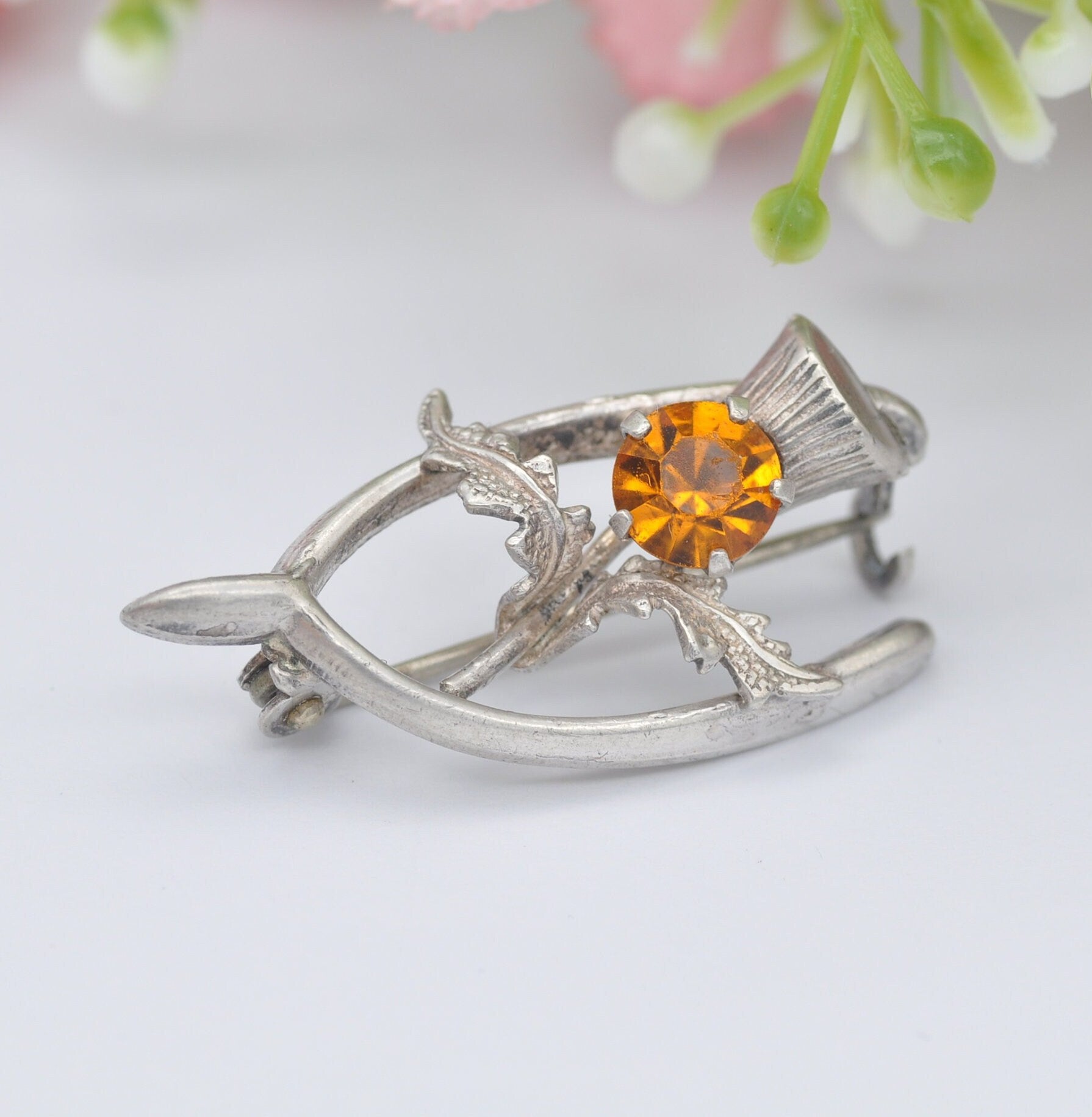 Vintage Ward Brothers Sterling Silver Scottish Thistle and Wishbone Brooch - Orange Paste Stone