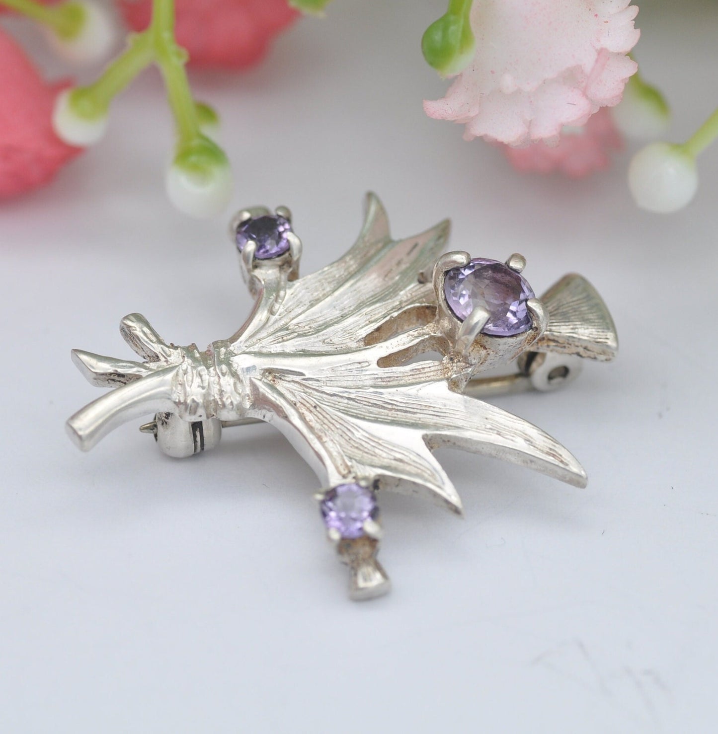 Vintage Sterling Silver Amethyst Thistle Brooch - Bunch of Wild Flowers