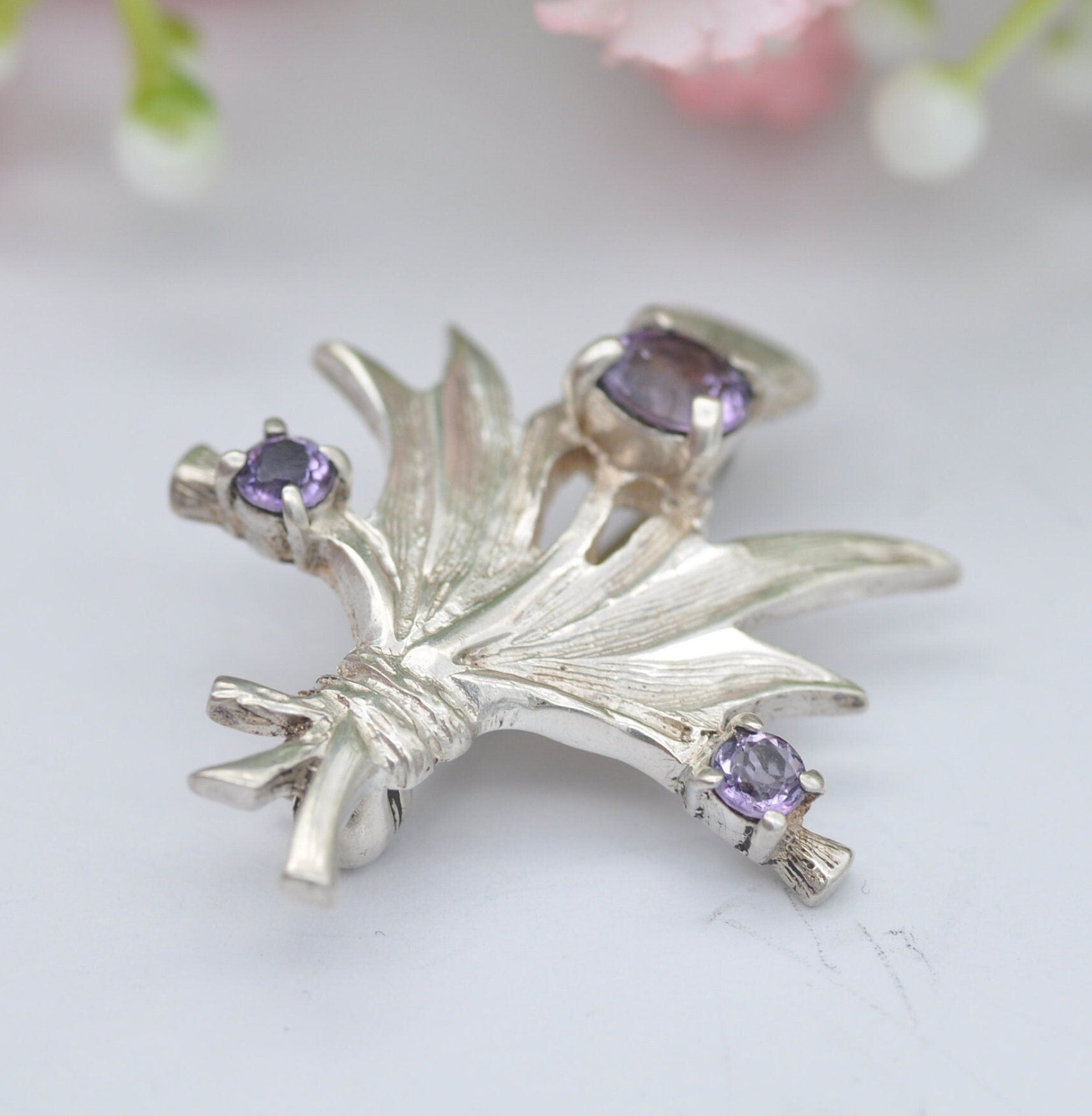 Vintage Sterling Silver Amethyst Thistle Brooch - Bunch of Wild Flowers