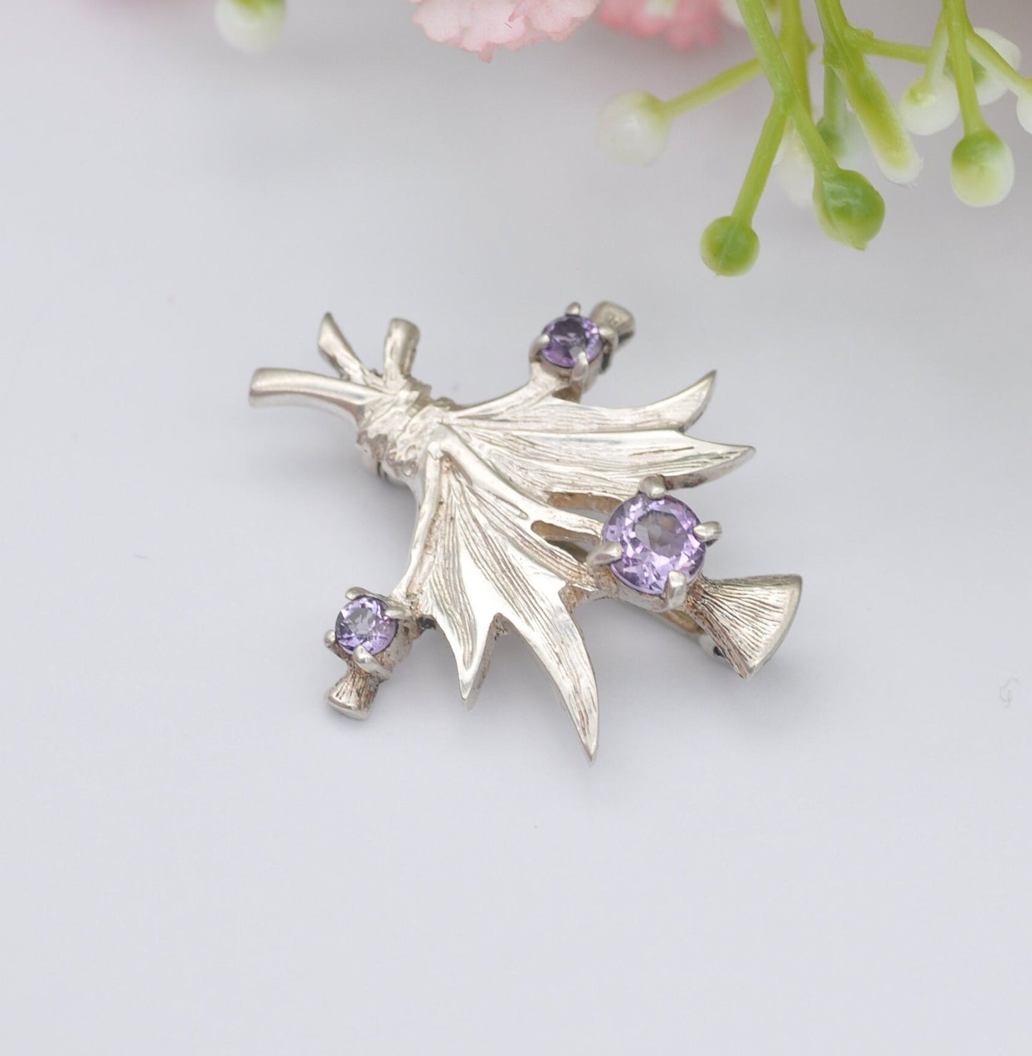 Vintage Sterling Silver Amethyst Thistle Brooch - Bunch of Wild Flowers