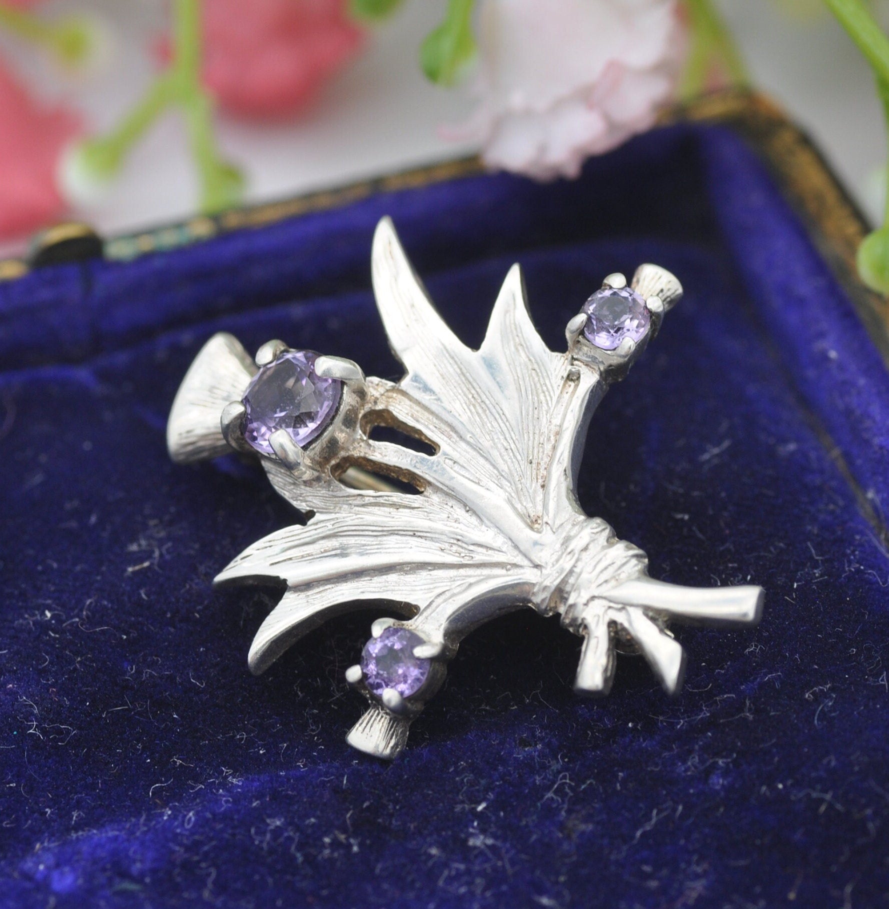 Vintage Sterling Silver Amethyst Thistle Brooch - Bunch of Wild Flowers