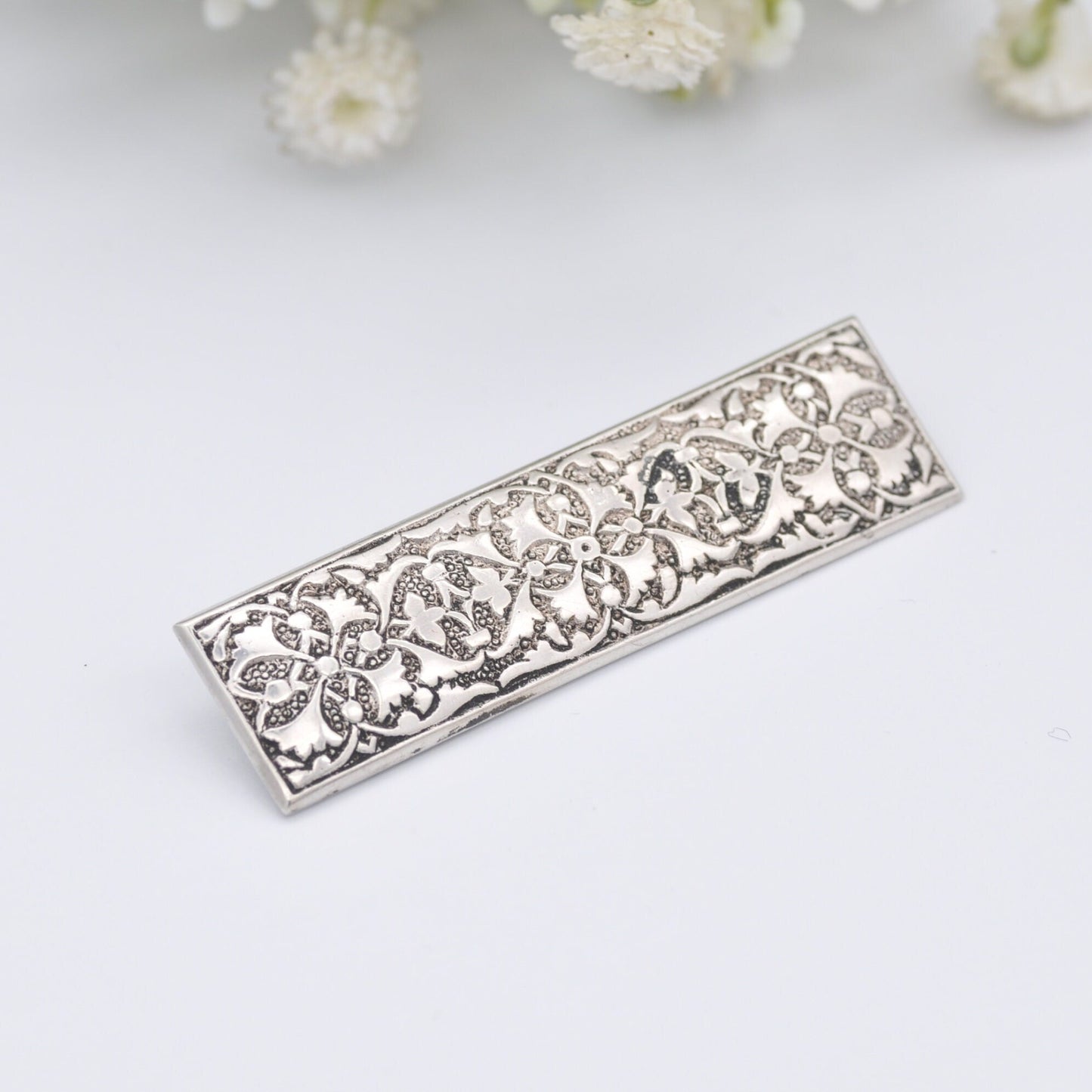 Antique Sterling Silver Floral Bar Brooch - Rectangle Statement Pin