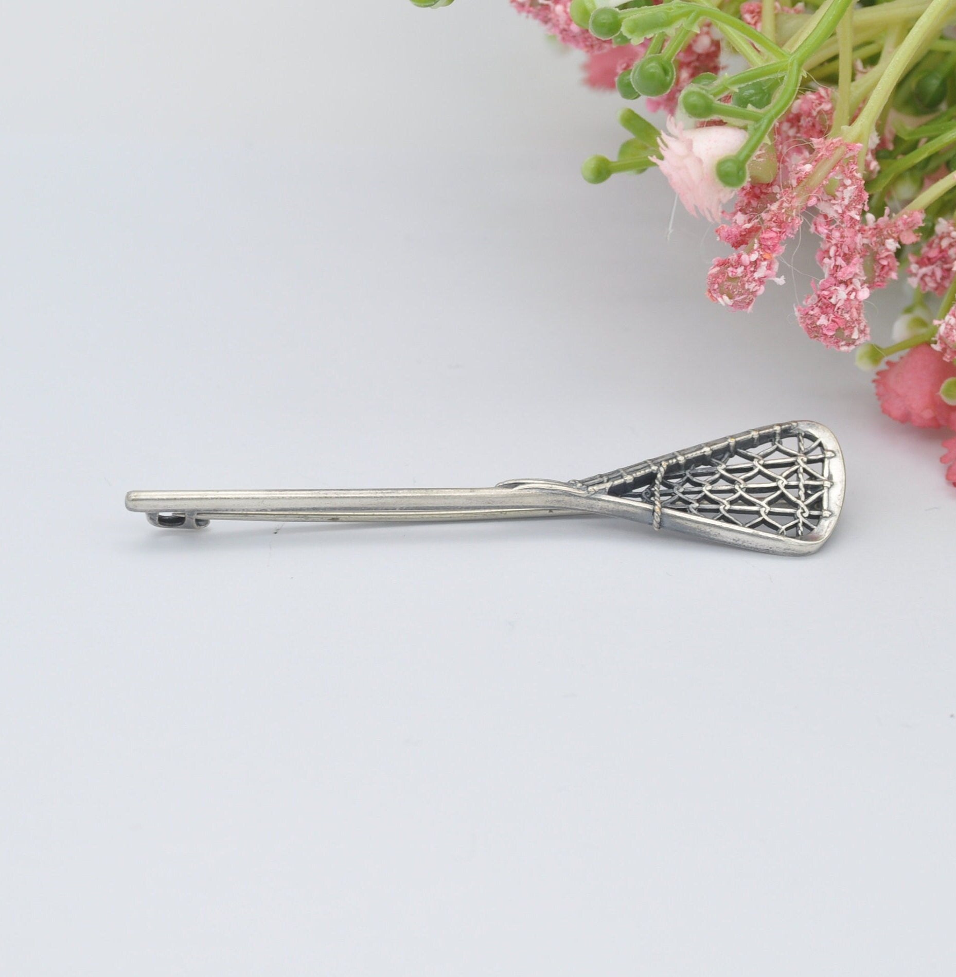 Vintage Sterling Silver Lacrosse Stick Brooch - Large Crosse Novelty Sports Pin