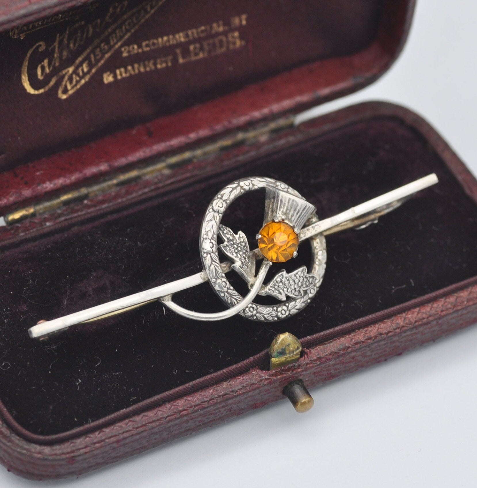 Antique Ward Brothers Scottish Sterling Silver Thistle Bar Brooch - Orange Paste | Floral Wreath