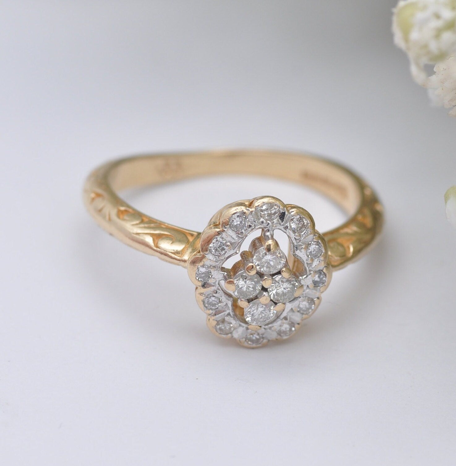 Vintage 14ct Gold Diamond Cluster Halo Ring 1998 - .33 Diamond Carat | Ornate Setting | UK Size - Q | US Size - 8