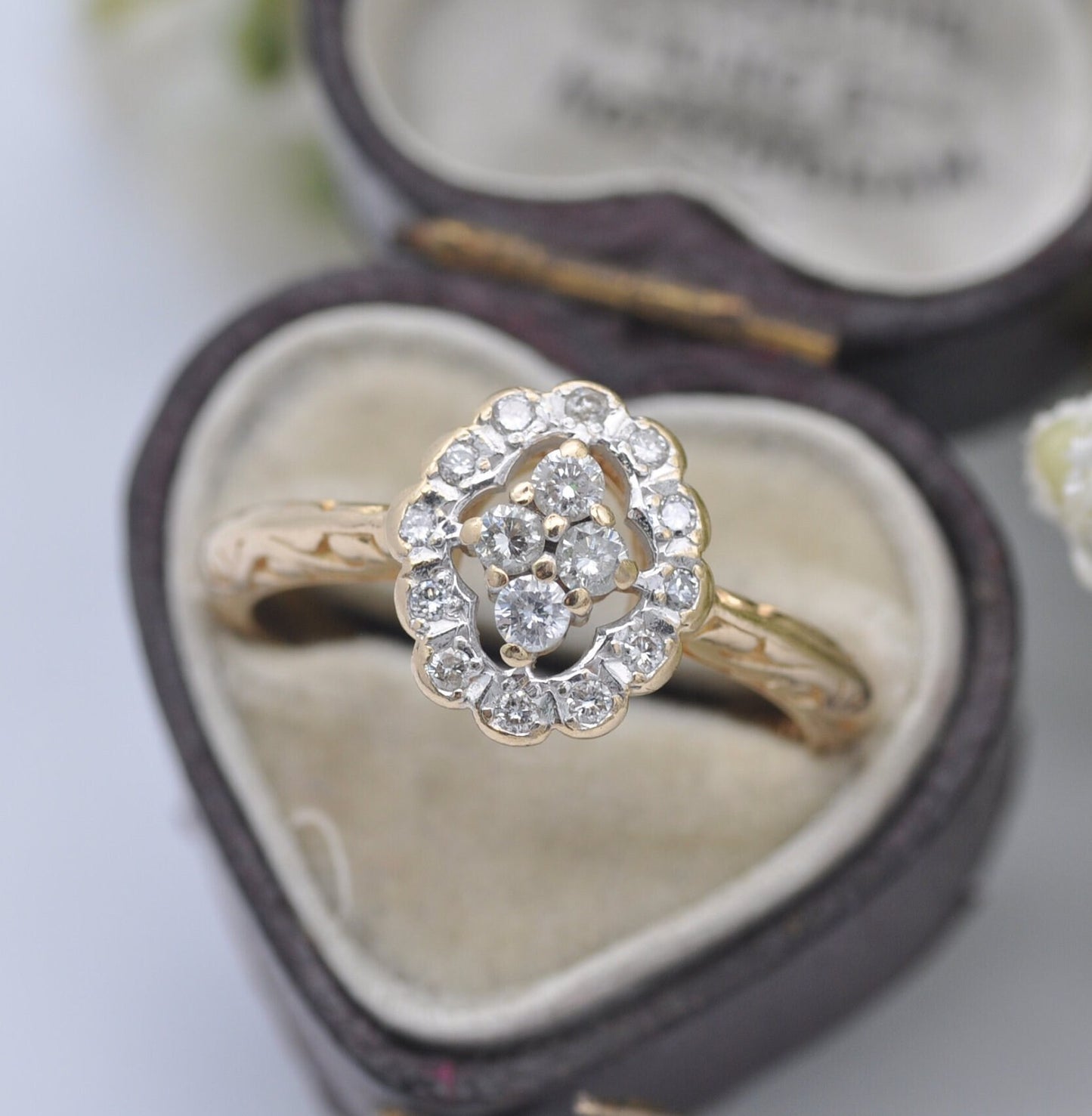 Vintage 14ct Gold Diamond Cluster Halo Ring 1998 - .33 Diamond Carat | Ornate Setting | UK Size - Q | US Size - 8