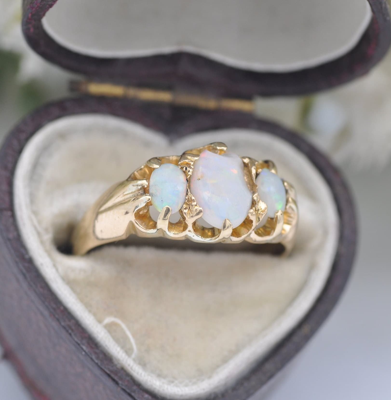 Antique 18ct Gold Opal Three Stone Ring - Oval Cabochon Trilogy | UK Size - K | US Size - 5 1/4