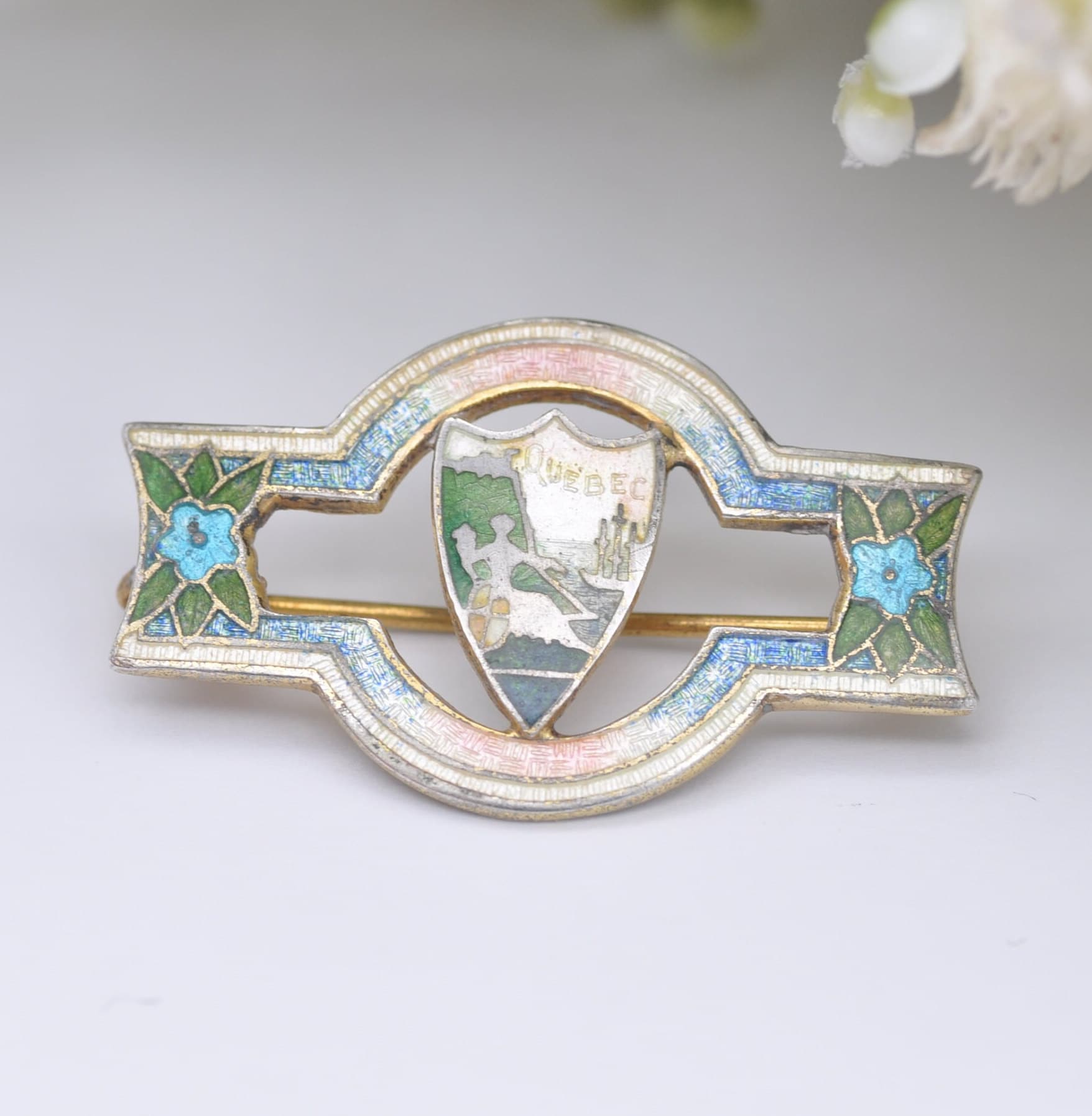 Antique Richard Hemsley Canada Sterling Silver Guilloche Enamel Quebec Brooch - Canadian Souvenir Pin