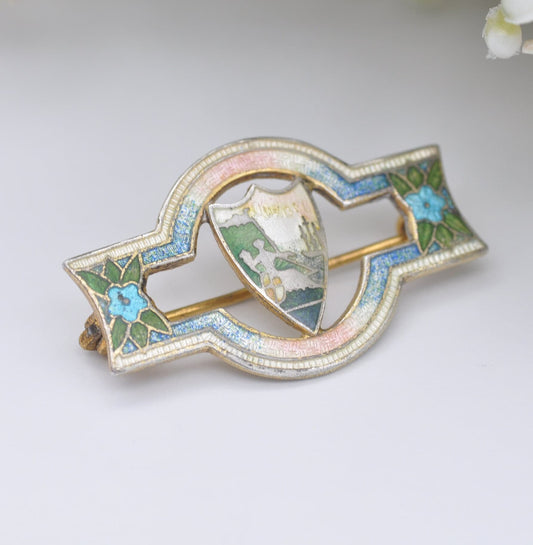 Antique Richard Hemsley Canada Sterling Silver Guilloche Enamel Quebec Brooch - Canadian Souvenir Pin