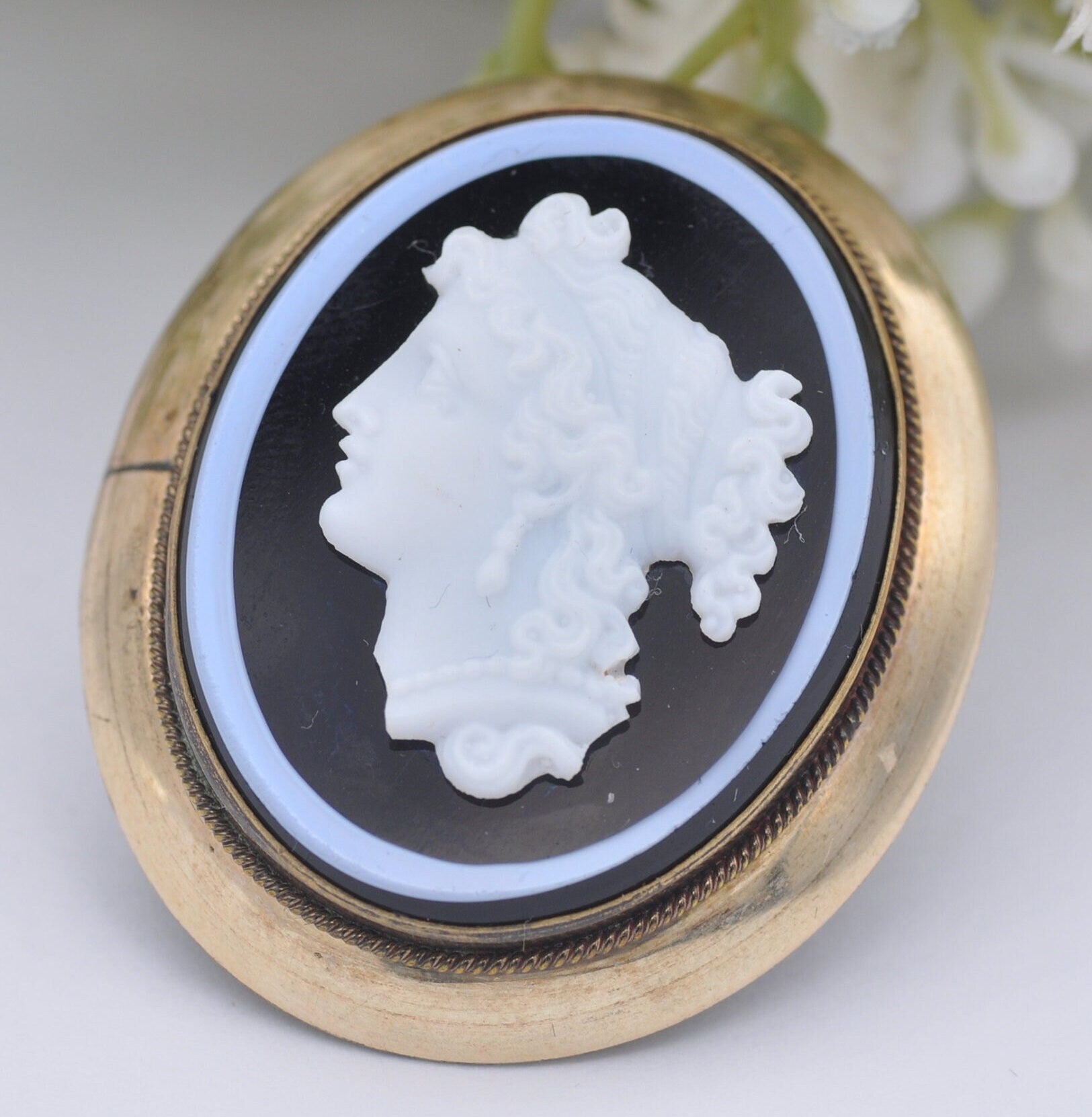 Antique Rolled Gold Onyx Cameo Brooch Pendant - Classical Roman Profile Face | French Déposé