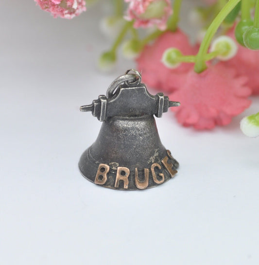 Antique Sterling Silver and Gold Bruges Bell Charm Pendant - Belgian Tourist Souvenir