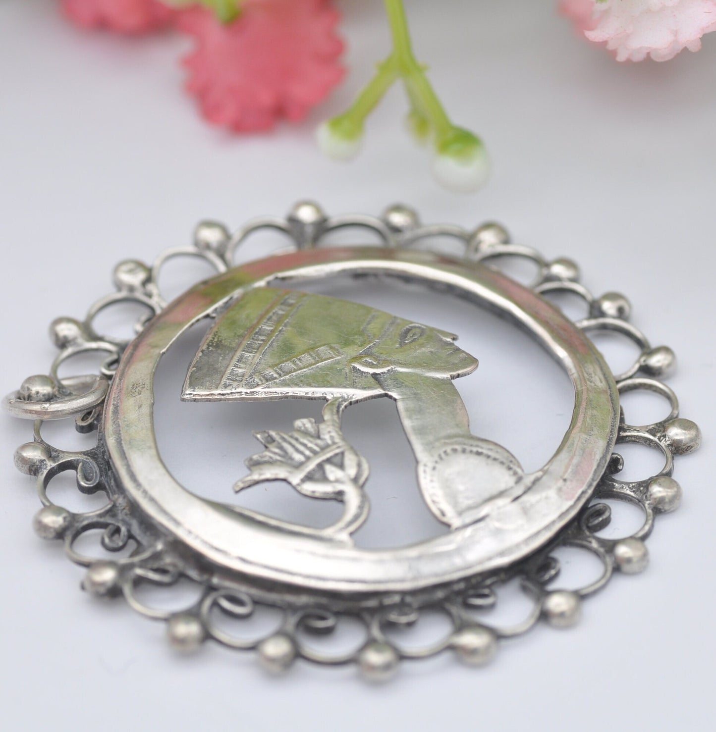 Vintage Egyptian Silver Queen Nefertiti Pendant with Lotus Flower - Openwork Design | Hand Crafted | Brooch Conversion