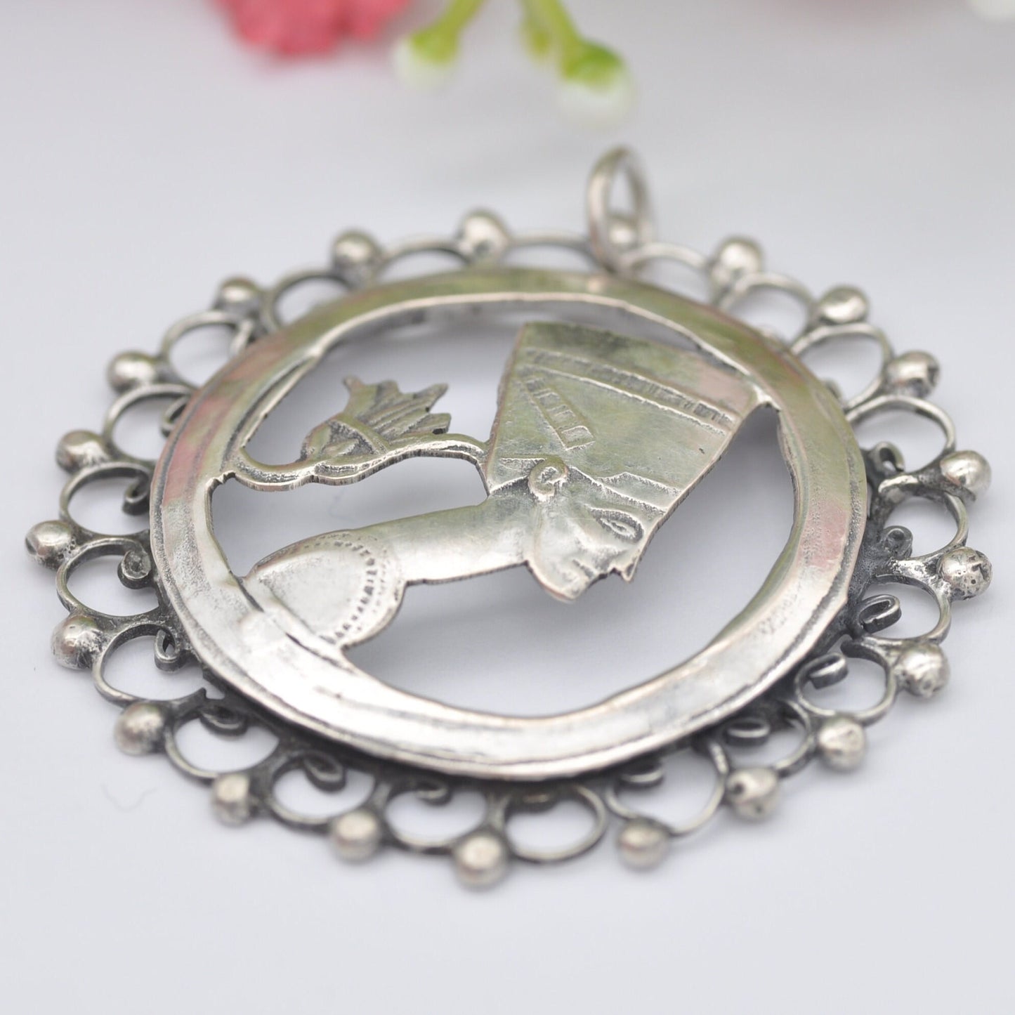 Vintage Egyptian Silver Queen Nefertiti Pendant with Lotus Flower - Openwork Design | Hand Crafted | Brooch Conversion