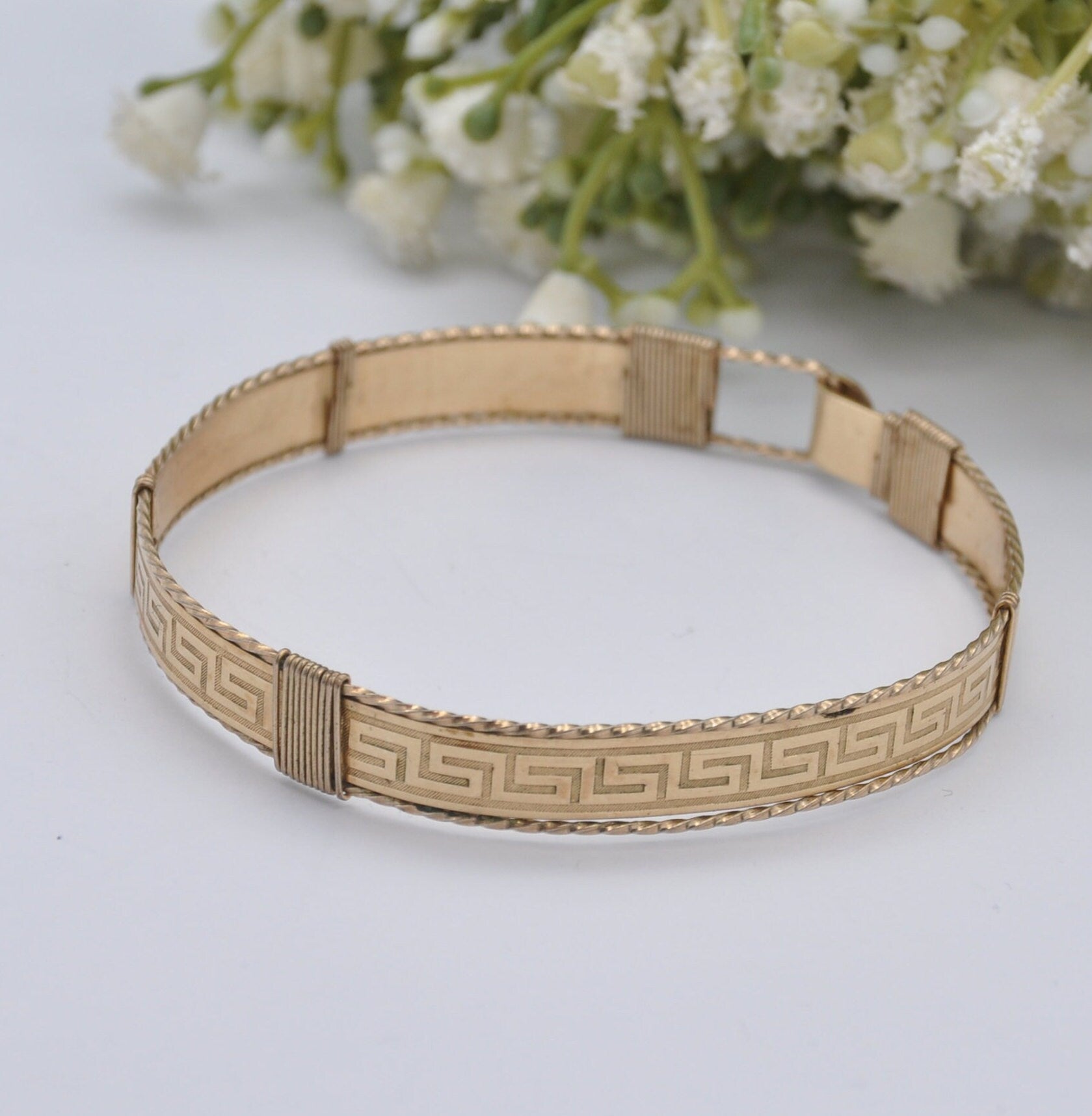 Vintage Rolled Gold Bangle Bracelet with Greek Key Meander Pattern