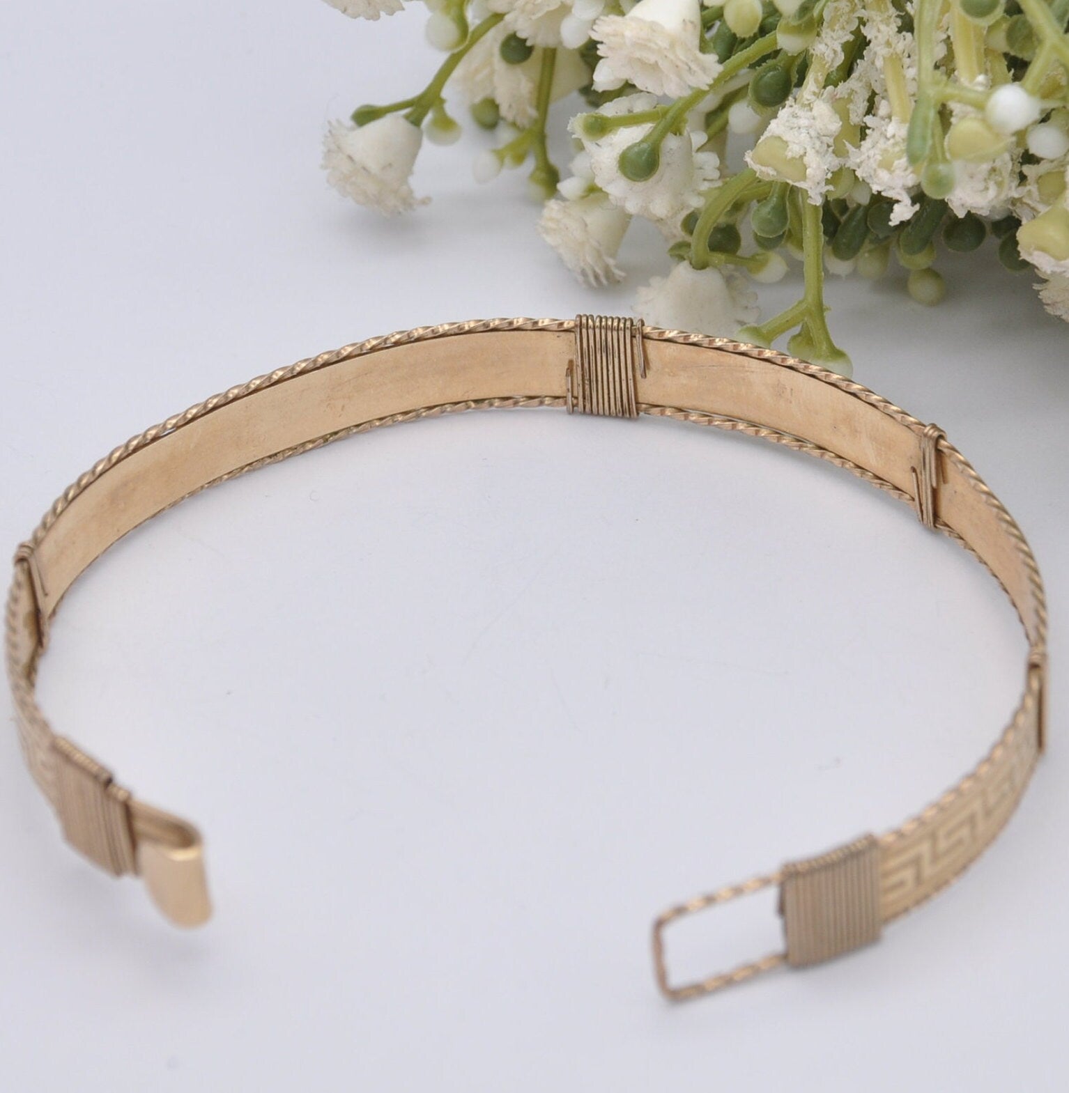 Vintage Rolled Gold Bangle Bracelet with Greek Key Meander Pattern