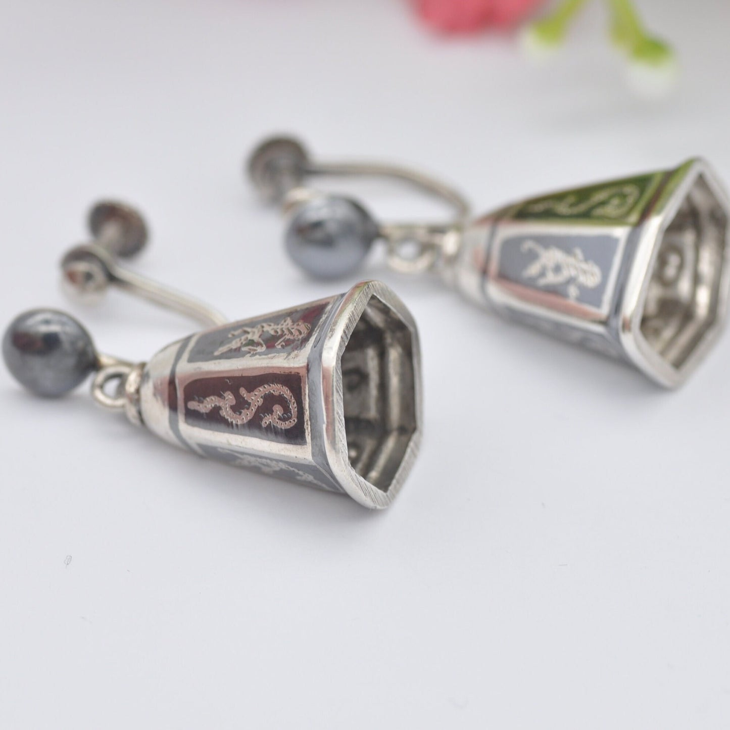 Vintage Siam Sterling Silver Bell Drop Screw Back Earrings - Siam Niello | Goddess Design