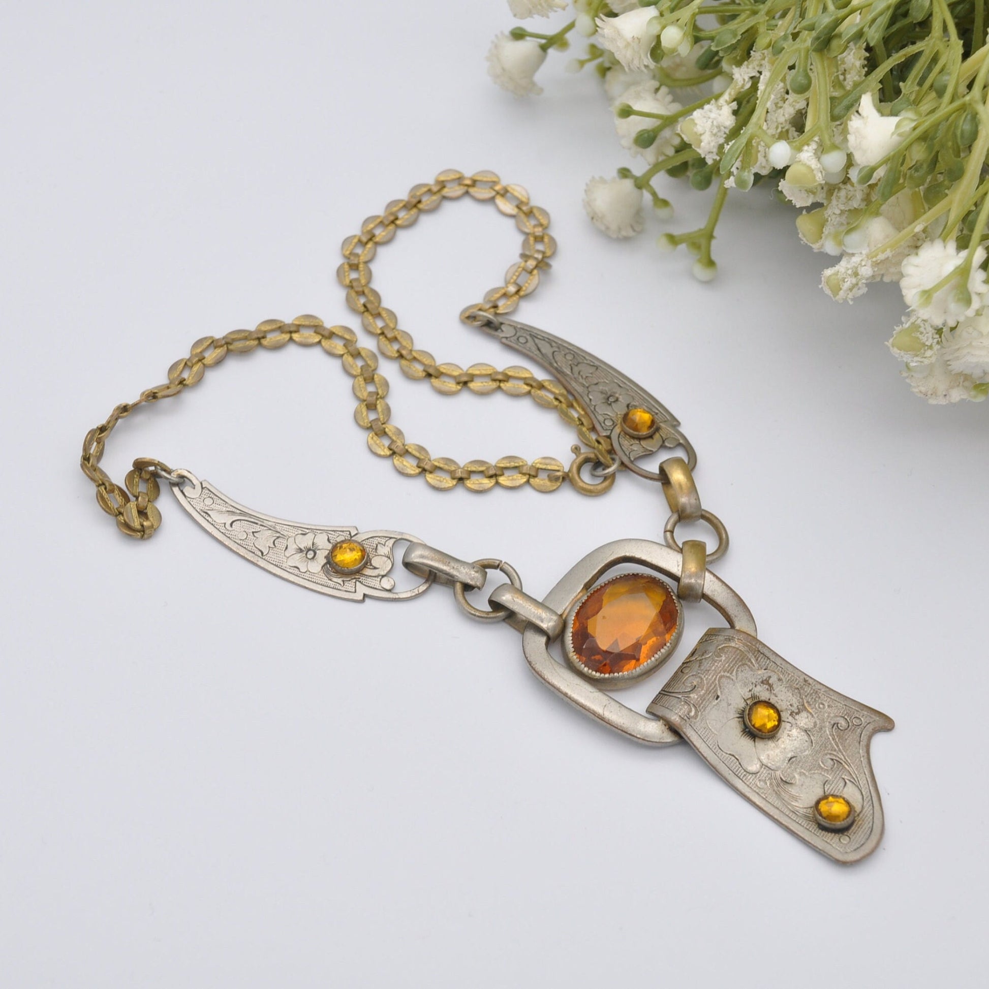 Antique Chunky Orange Paste Necklace - Unusual Scottish Buckle Design with Aesthetic Flower Engravings