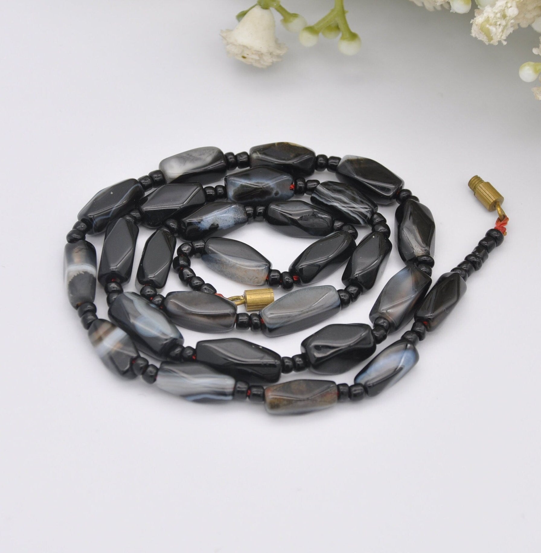 Antique Banded Agate Bar Necklace - Black Gemstone Beads | 45cm