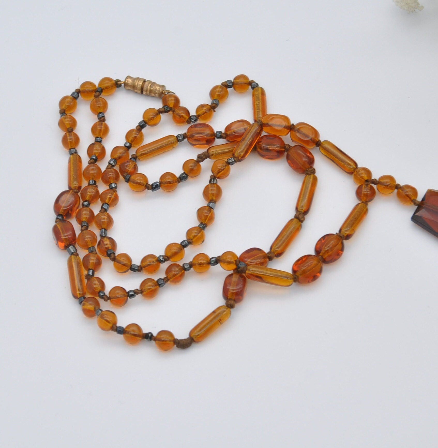 Vintage Glass Double Strand Necklace with Teardrop Pendant - Collar Length 36cm 14" | Cognac Orange Colour Glass