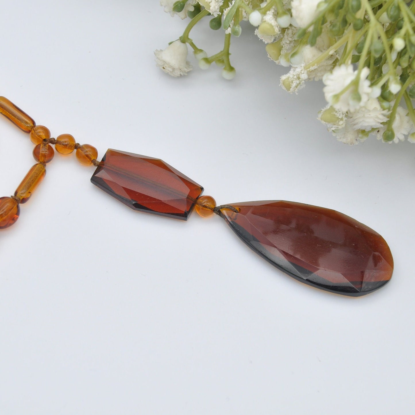 Vintage Glass Double Strand Necklace with Teardrop Pendant - Collar Length 36cm 14" | Cognac Orange Colour Glass