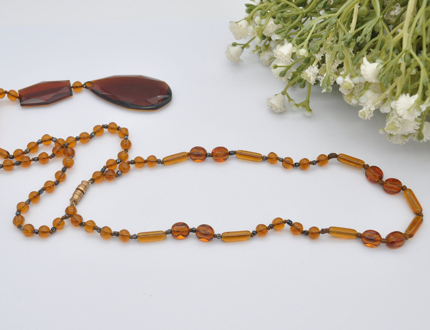 Vintage Glass Double Strand Necklace with Teardrop Pendant - Collar Length 36cm 14" | Cognac Orange Colour Glass