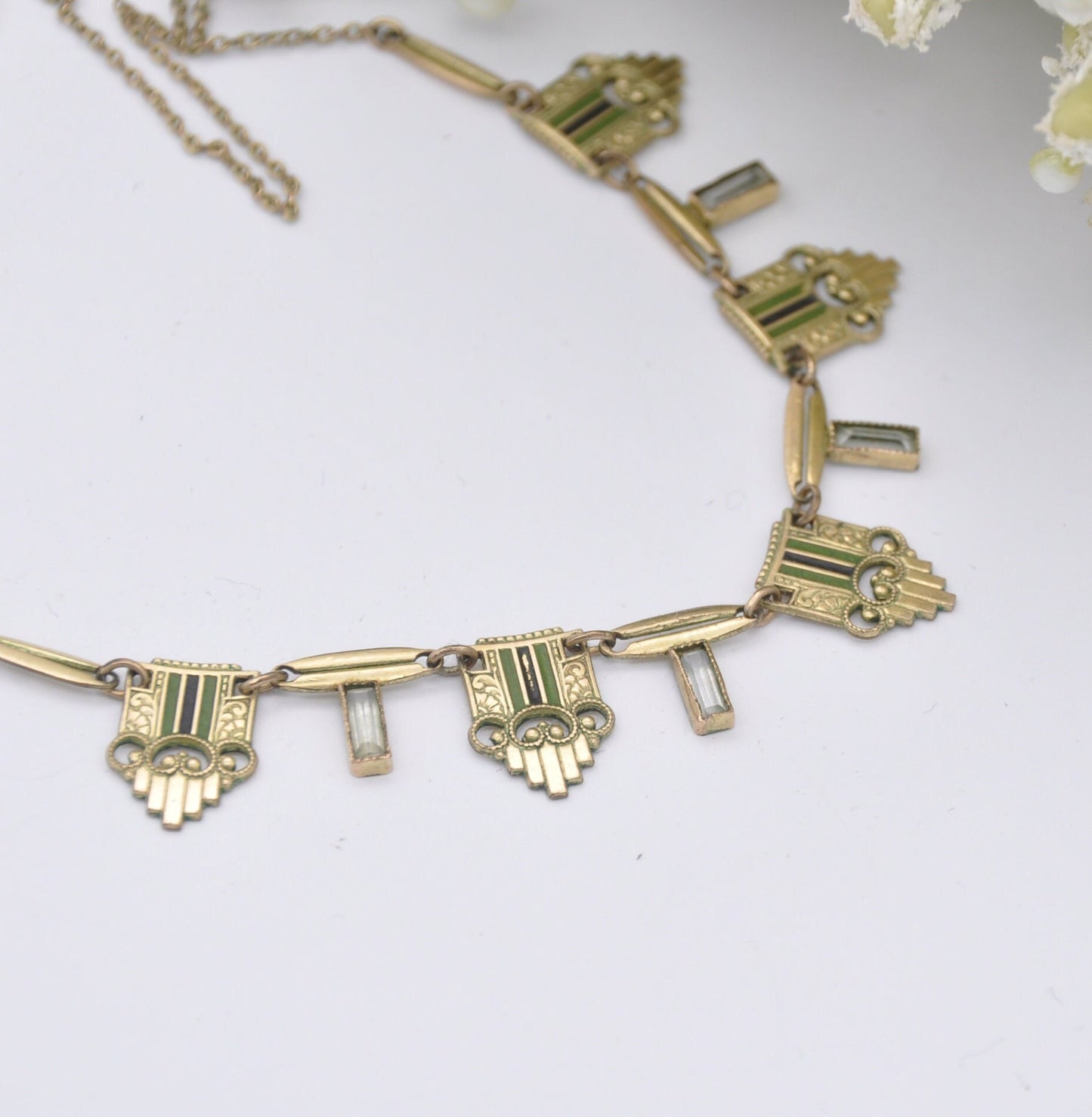 Vintage Rodi Wienenberger Rolled Gold Enamel Necklace with Ornate Panels - Art Deco Design | Green and Black