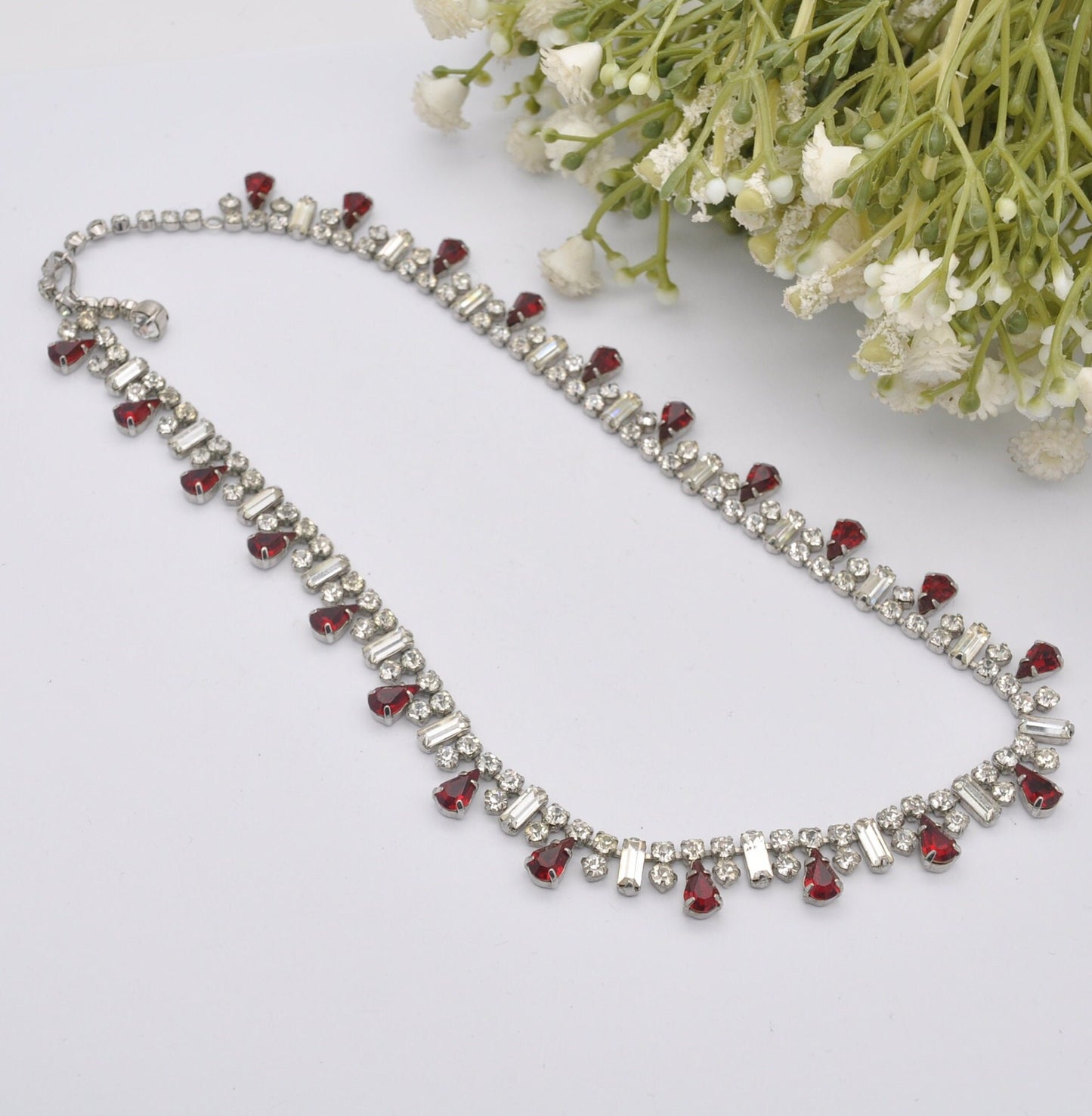 Vintage Sparkly Rhinestone Necklace - Clear and Red Stones | Adjustable Collar Choker Length | 14.5" 37cm to 15.7" 40cm